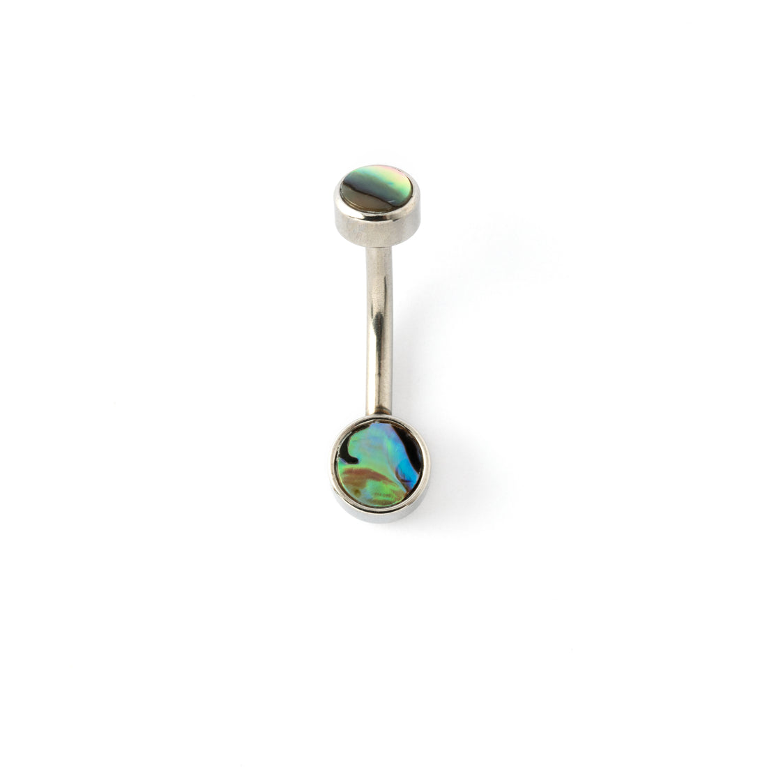 surgical steel navel bar with two abalone discs on the top and the bottom front view