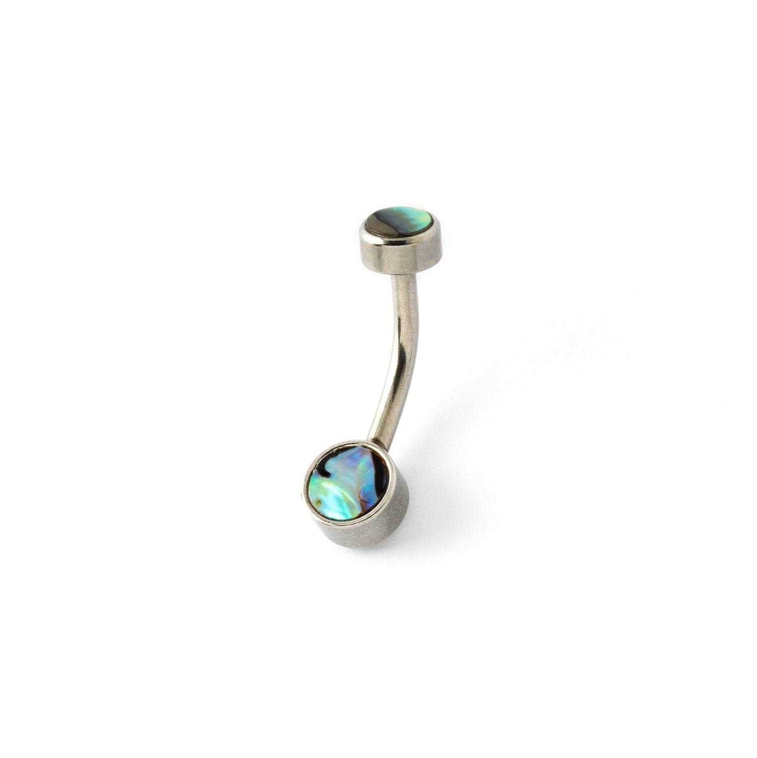 surgical steel navel bar with two abalone discs on the top and the bottom 