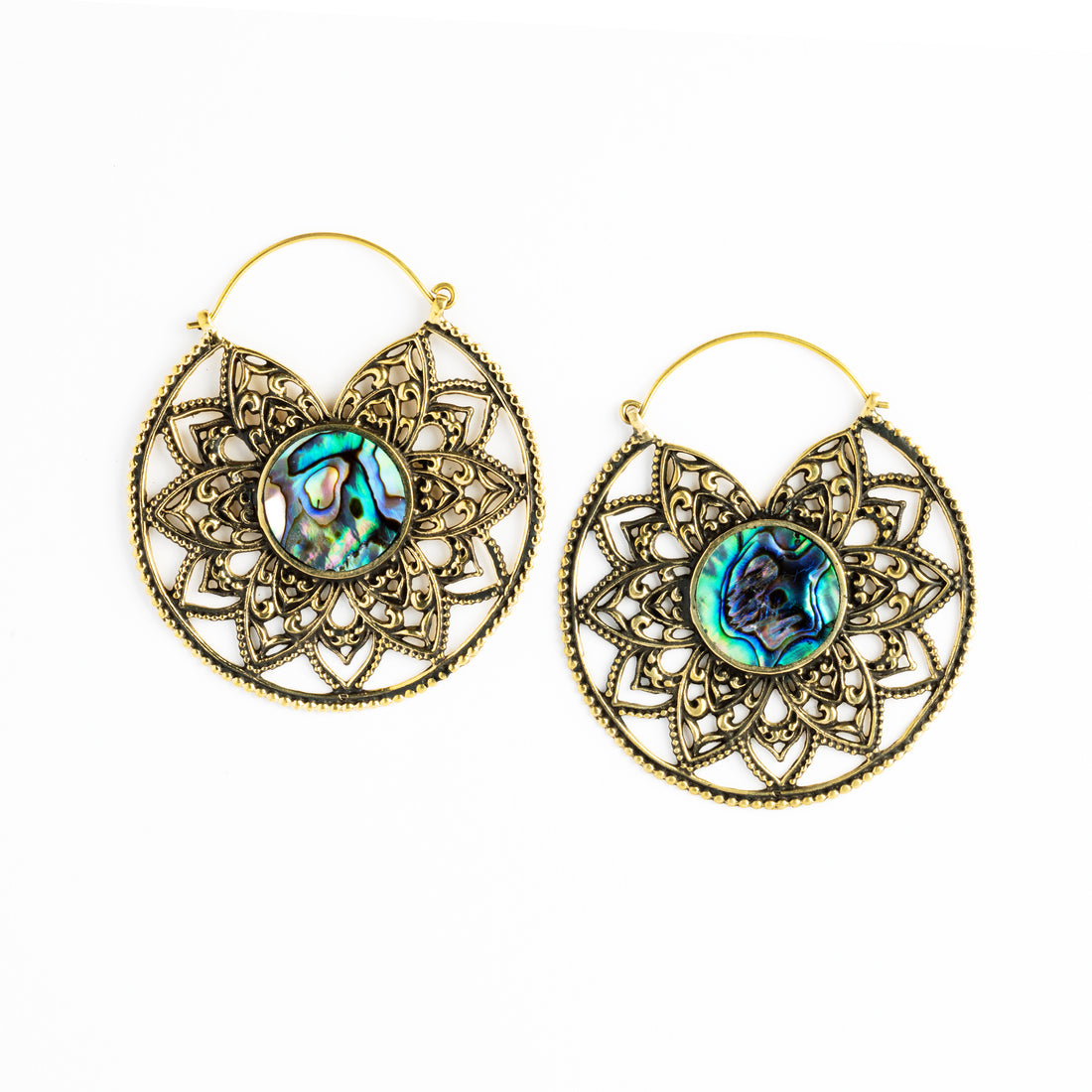 pair of golden brass large lotus open mandala earrings with centred abalone frontal view