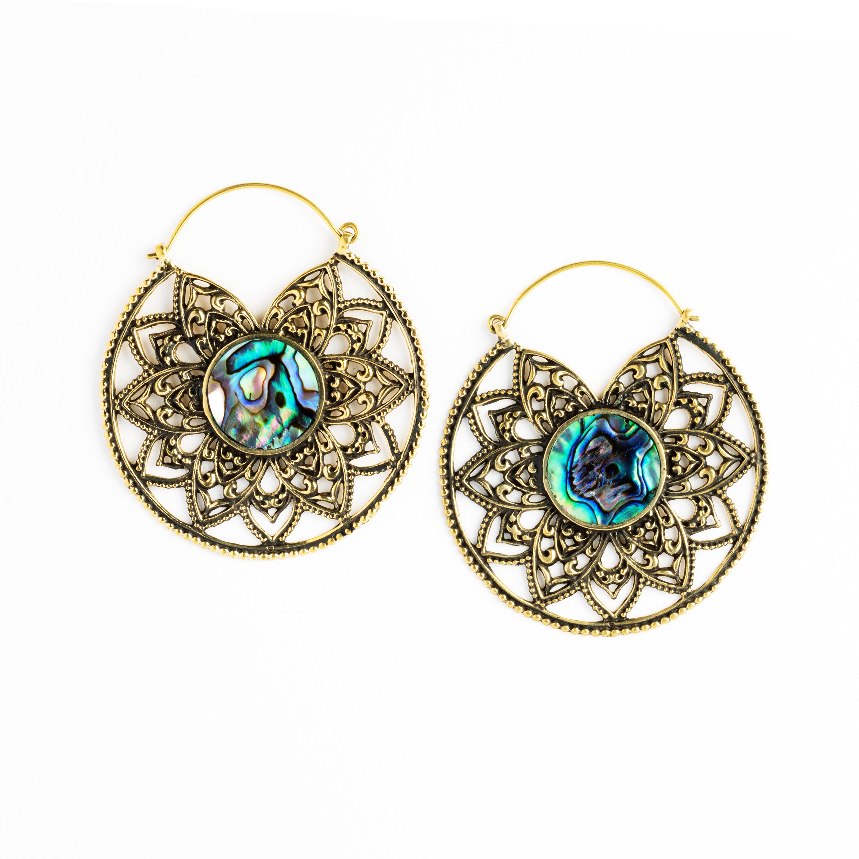 pair of golden brass large lotus open mandala earrings with centred abalone frontal view