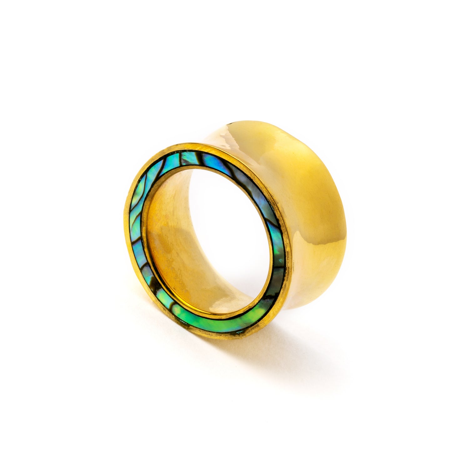 single golden ear tunnel with inlaid abalone rim frontal and side view