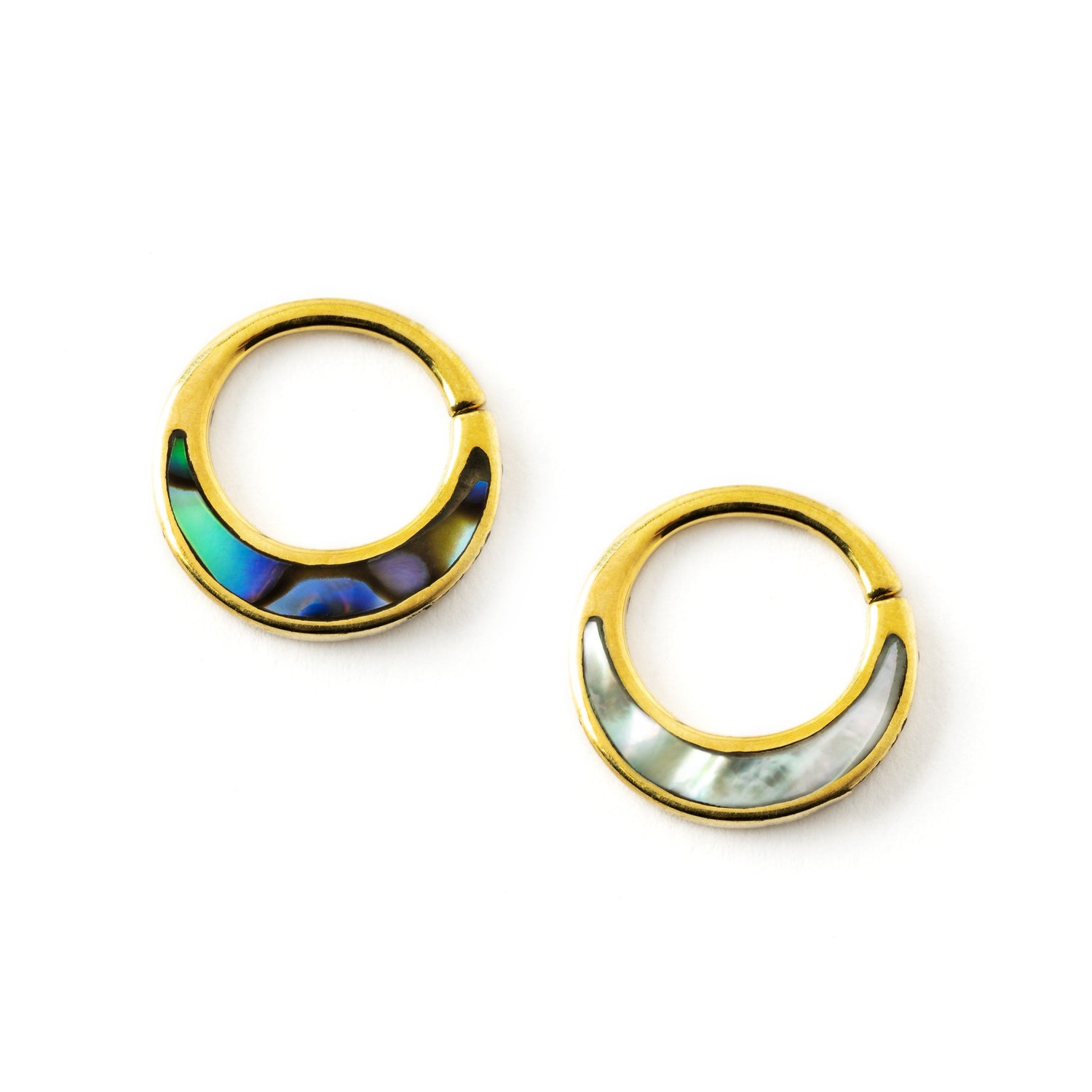 two golden brass with abalone and mother of pearl inlay piercing rings front view