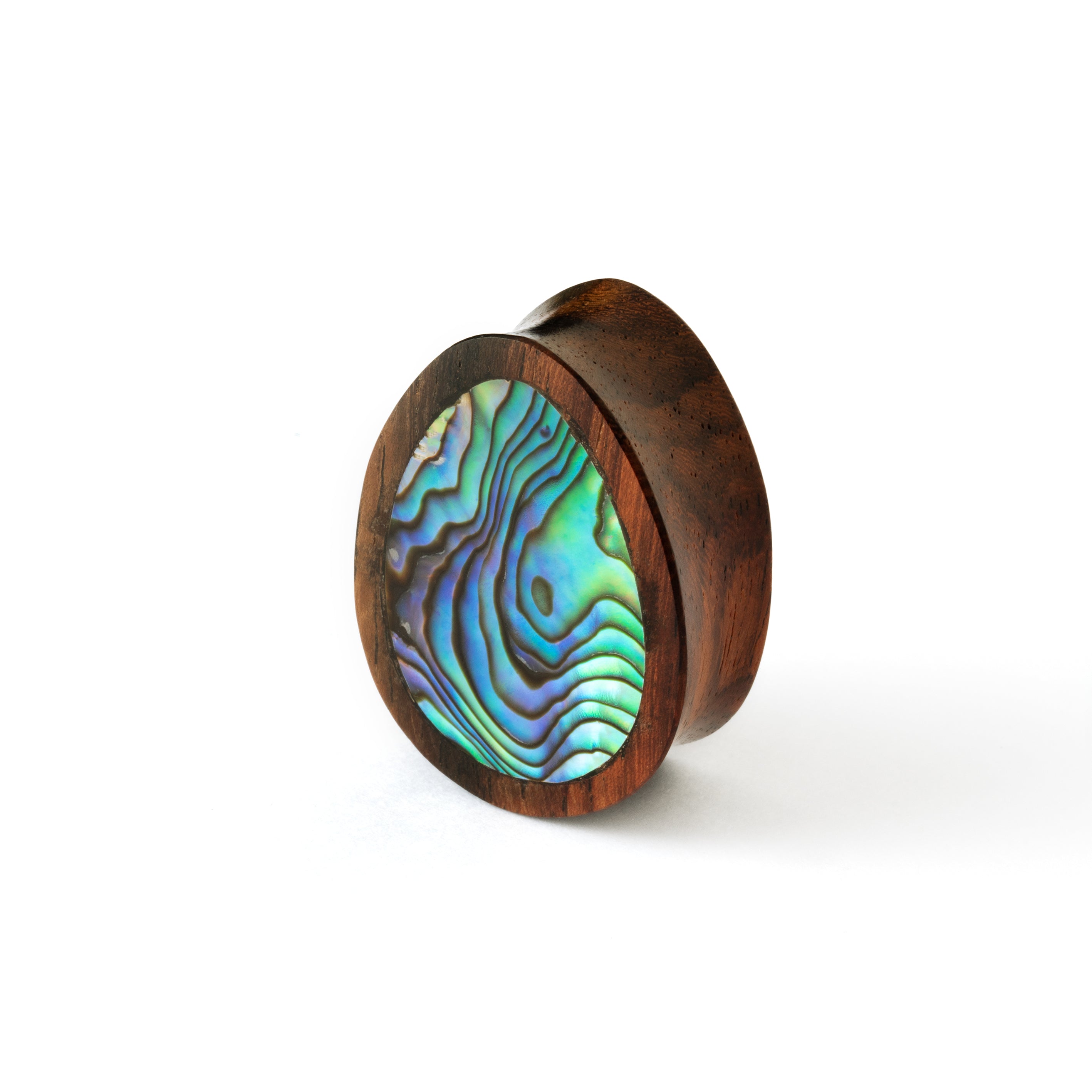 single ebony wood ear plug teardrop shaped with abalone inlay