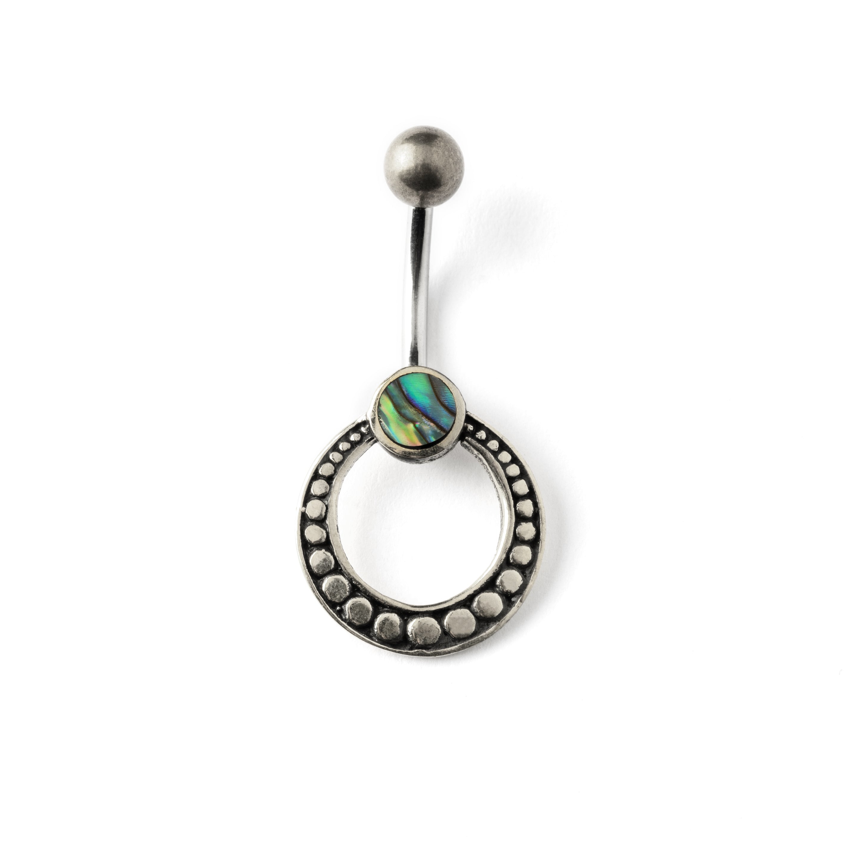 silver circle belly piercing with abalone shell frontal view