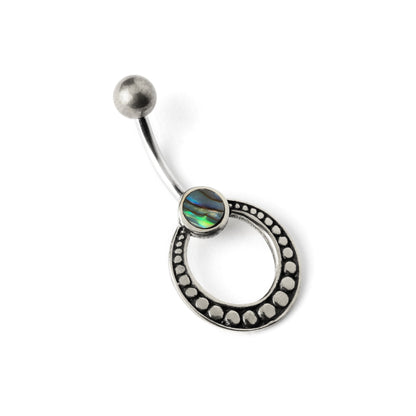 silver circle belly piercing with abalone shell left side view