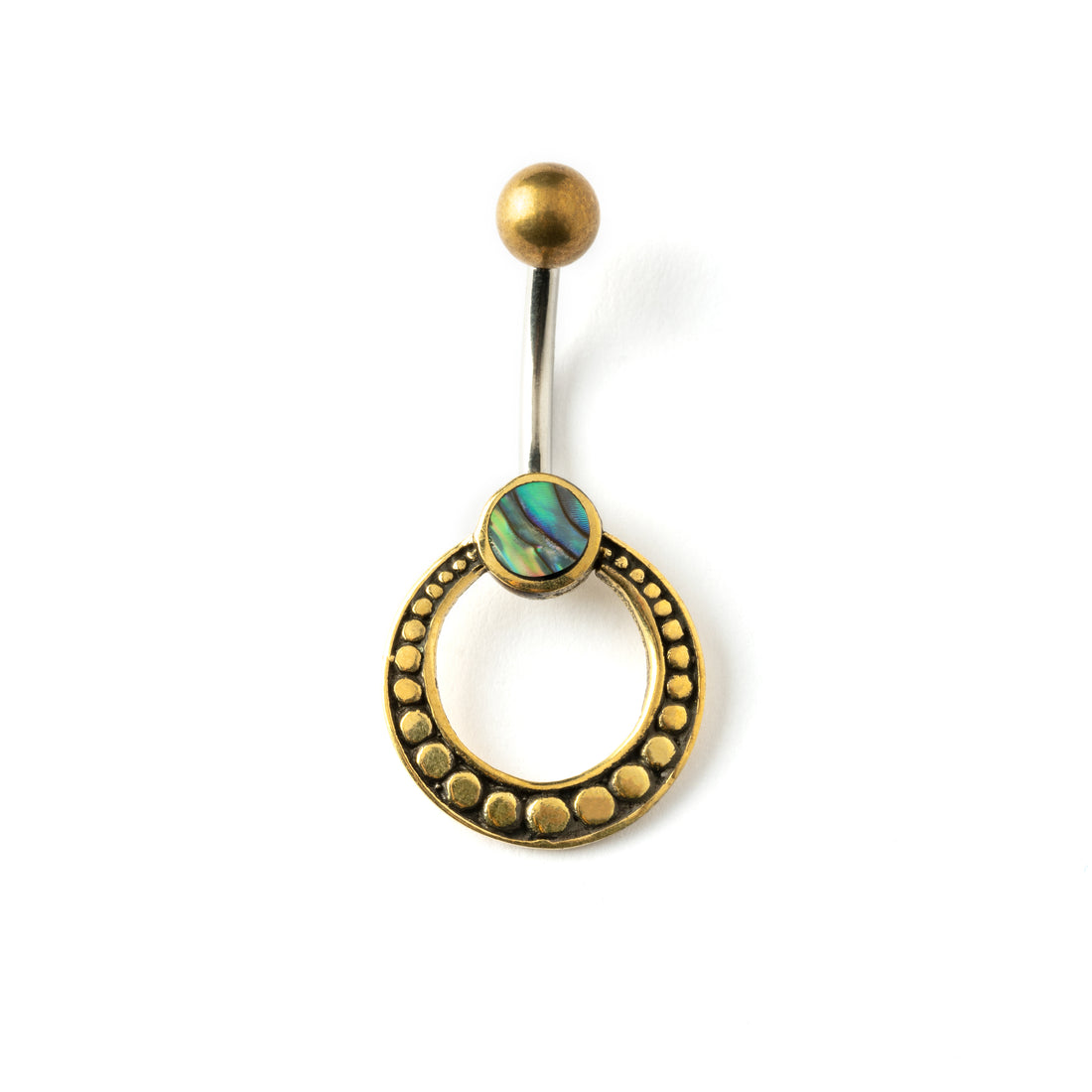 golden brass circle belly piercing with abalone shell frontal view