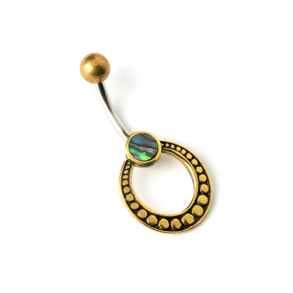 golden brass circle belly piercing with abalone shell left side view