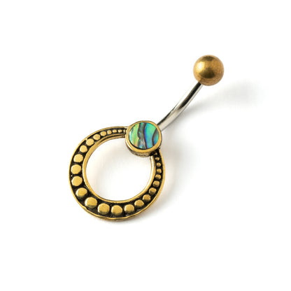 golden brass circle belly piercing with abalone shell right side view