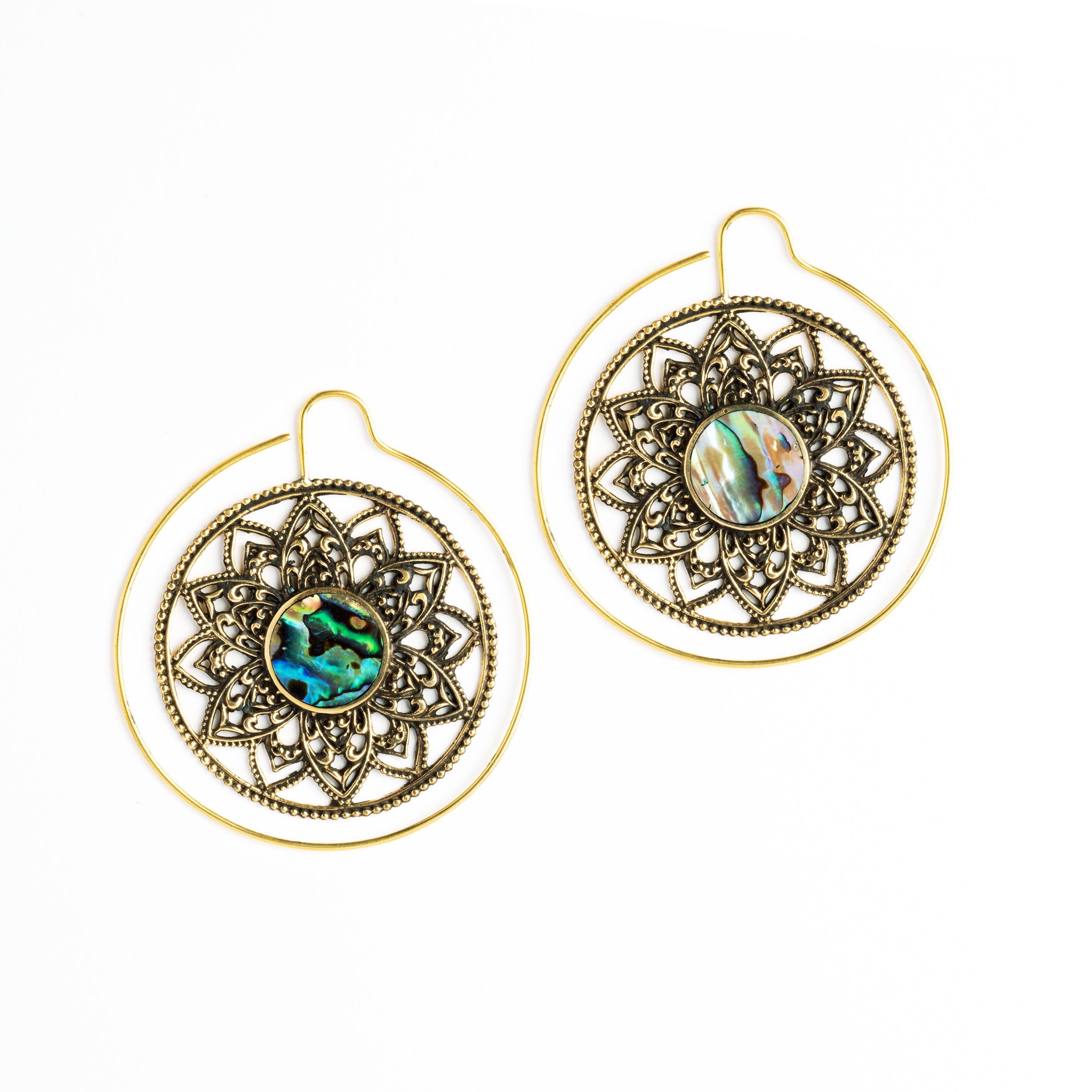 pair of golden brass large lotus open mandala earrings with centred abalone frontal view