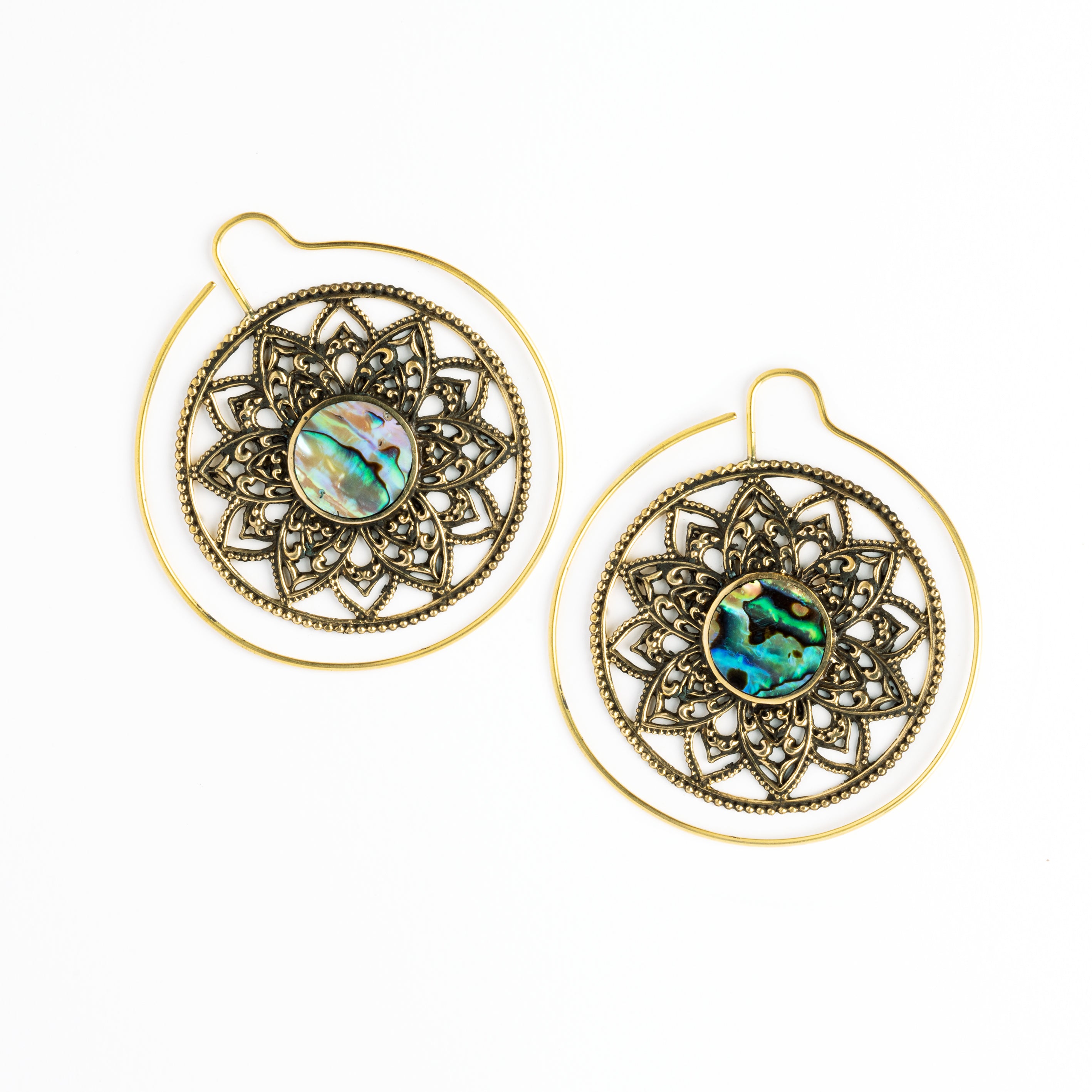 pair of golden brass large lotus open mandala earrings with centred abalone frontal view