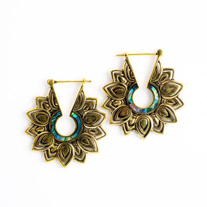 pair of golden brass open flower shape earrings with centred abalone rim frontal view