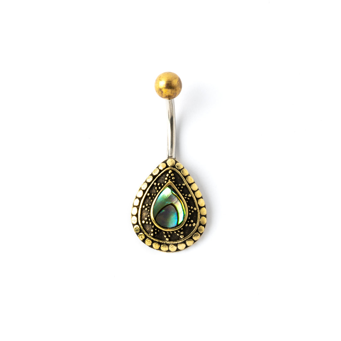 gold brass teardrop shaped belly piercing with centred abalone shell frontal view