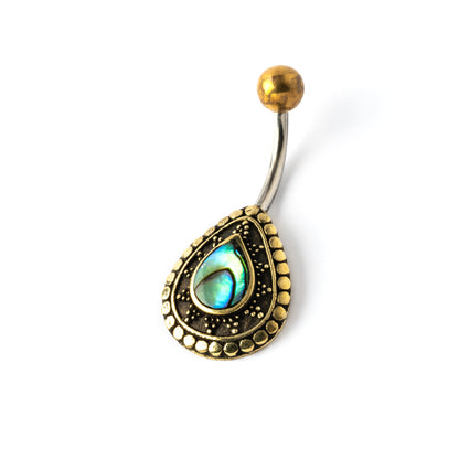 gold brass teardrop shaped belly piercing with centred abalone shell right side view