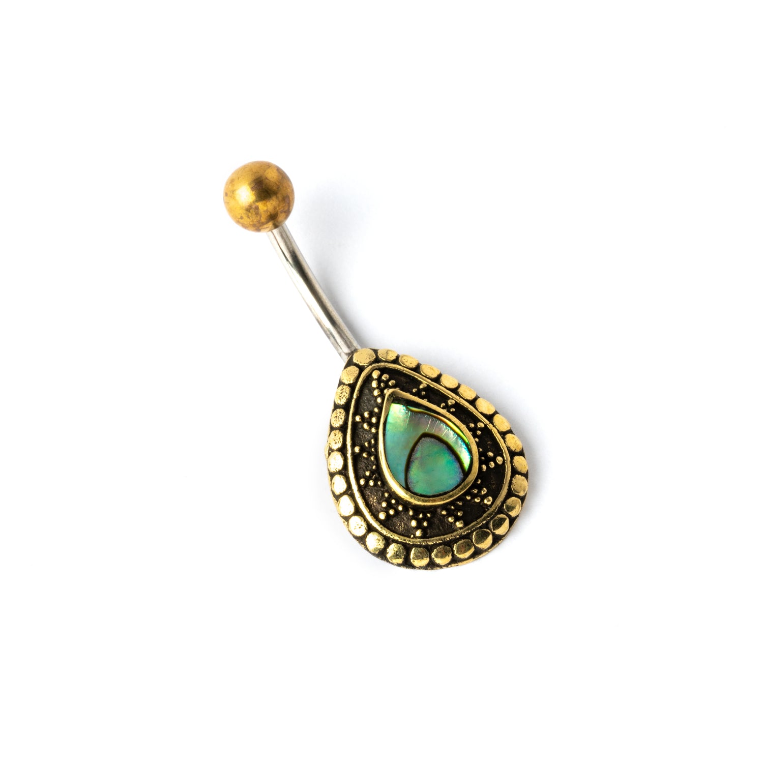 gold brass teardrop shaped belly piercing with centred abalone shell left side view