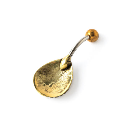 gold brass teardrop shaped belly piercing with centred abalone shell back side view