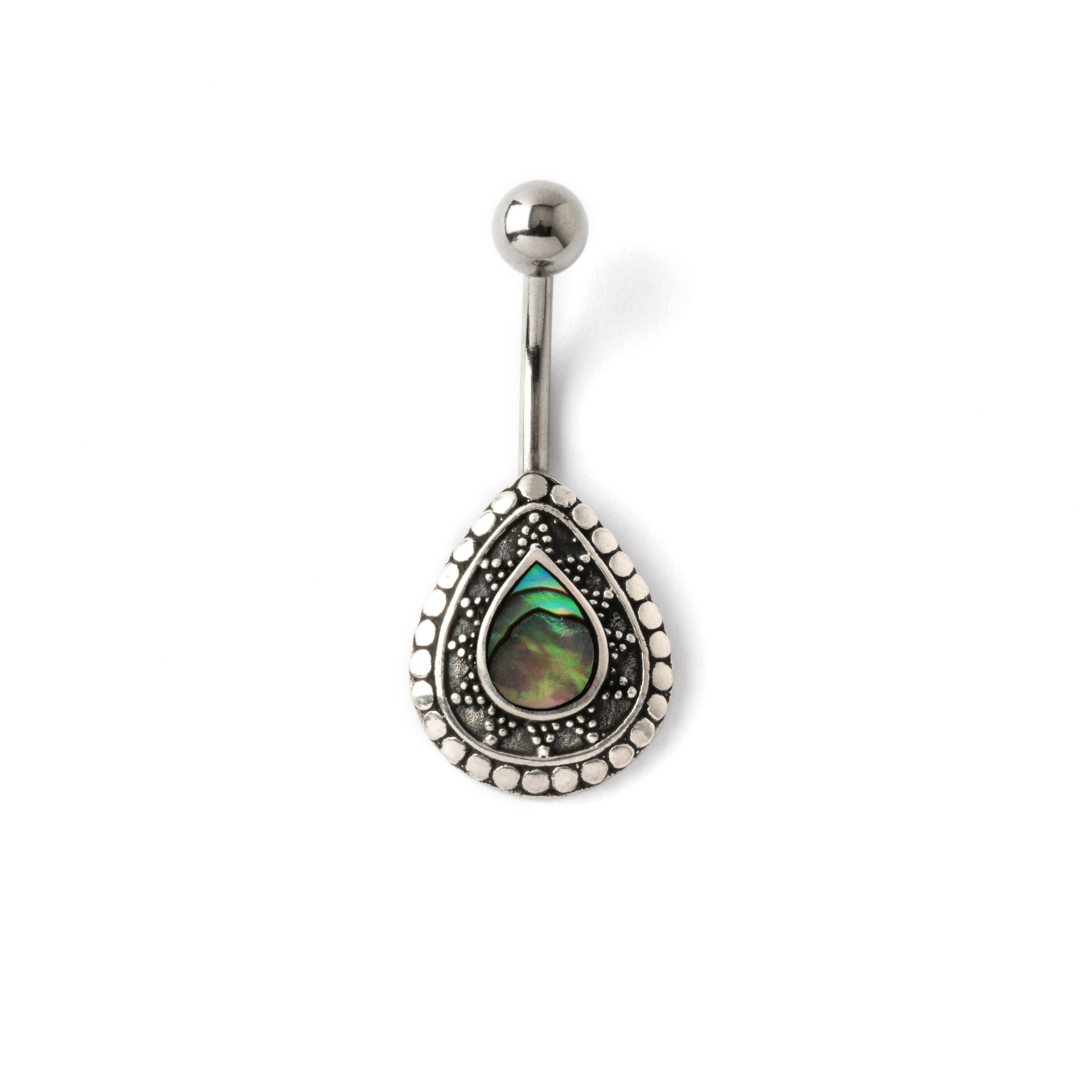 silver teardrop shaped belly piercing with centred abalone shell frontal view