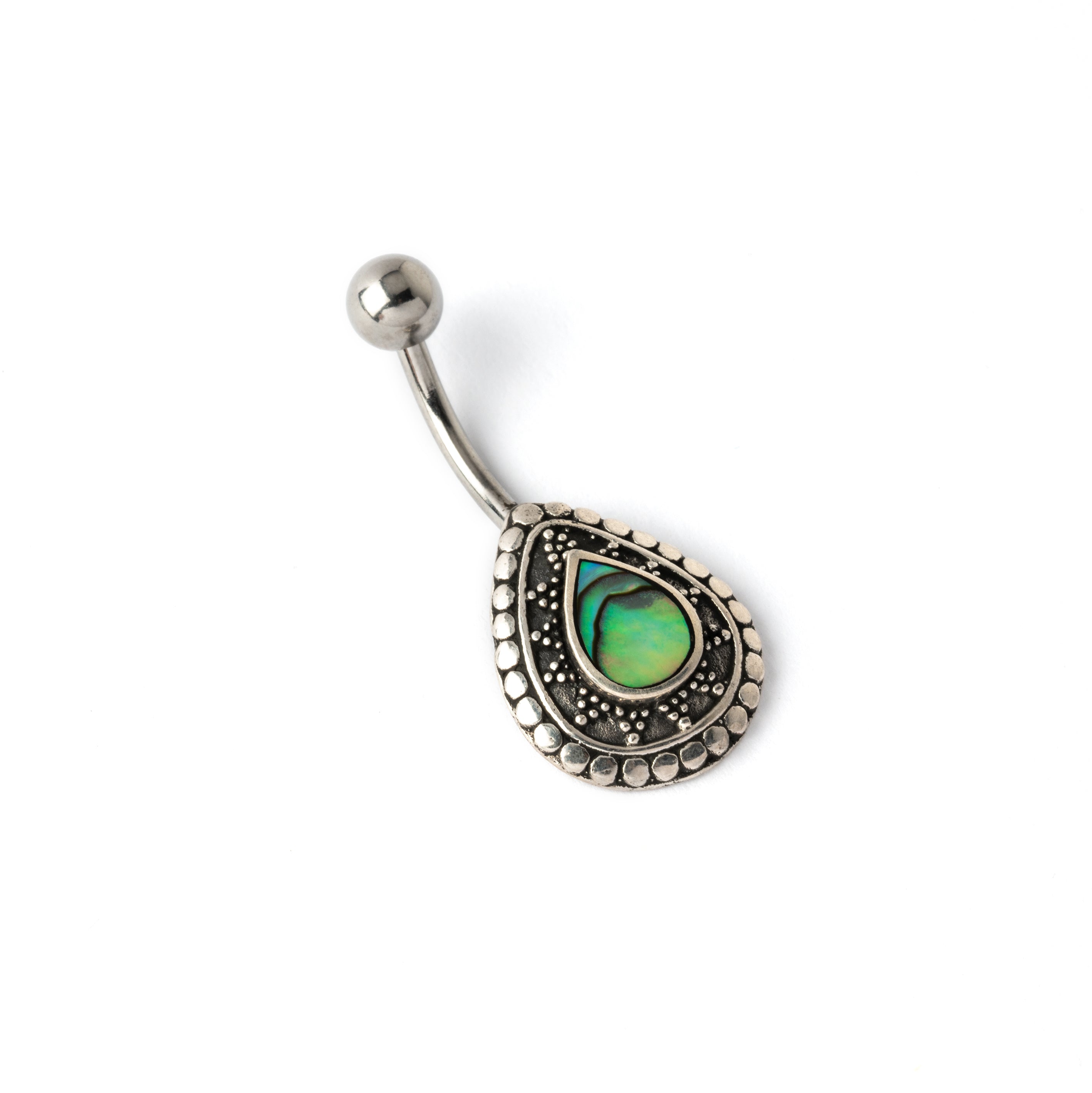silver teardrop shaped belly piercing with centred abalone shell right side view