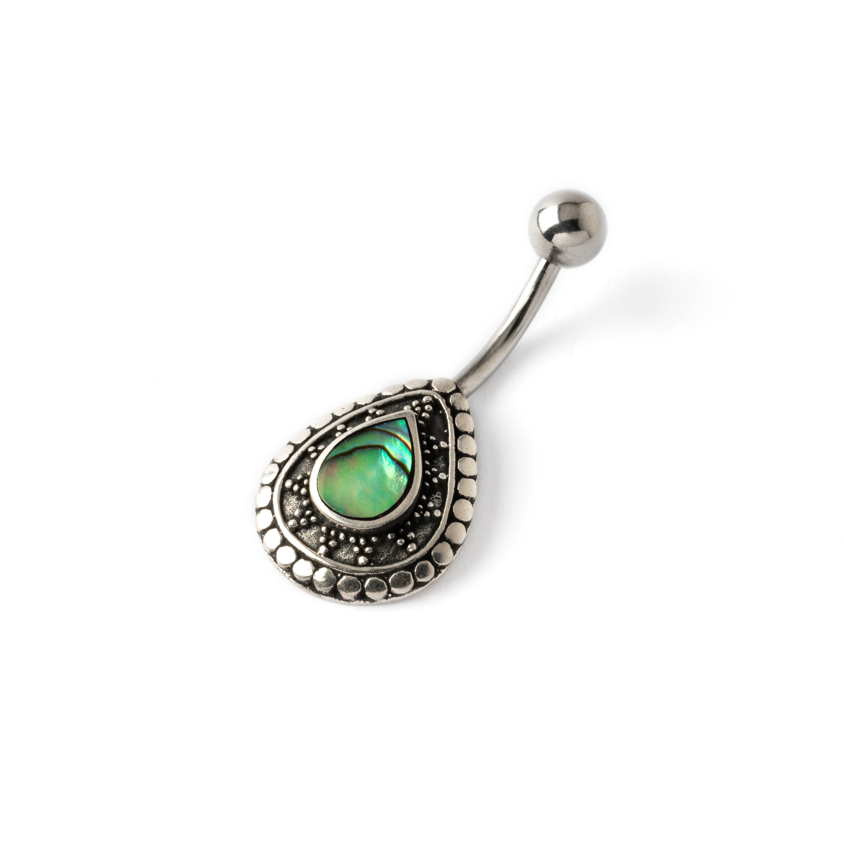 silver teardrop shaped belly piercing with centred abalone shell left side view