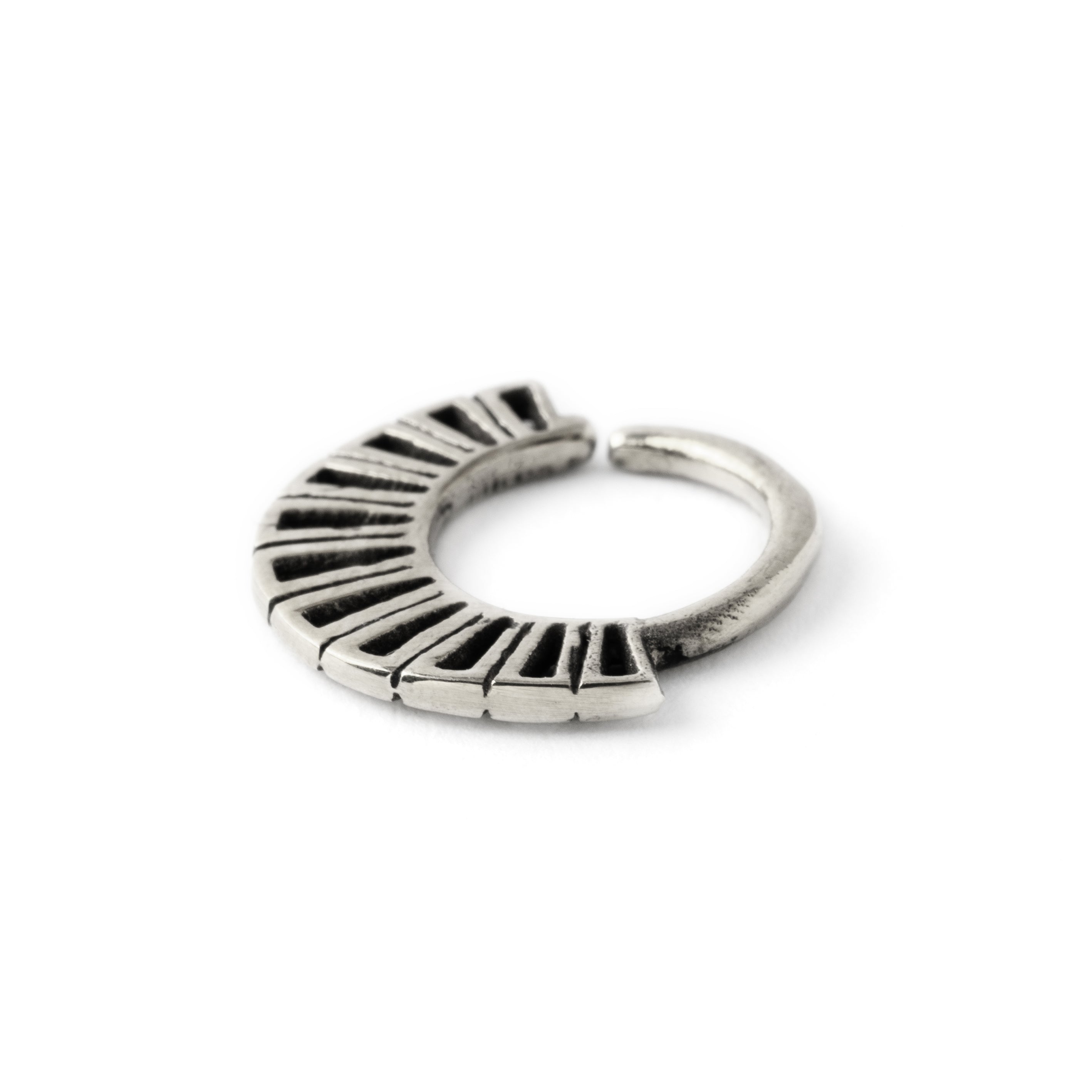 Aditi 18g (1mm) Silver tribal geometric septum piercing ring side view