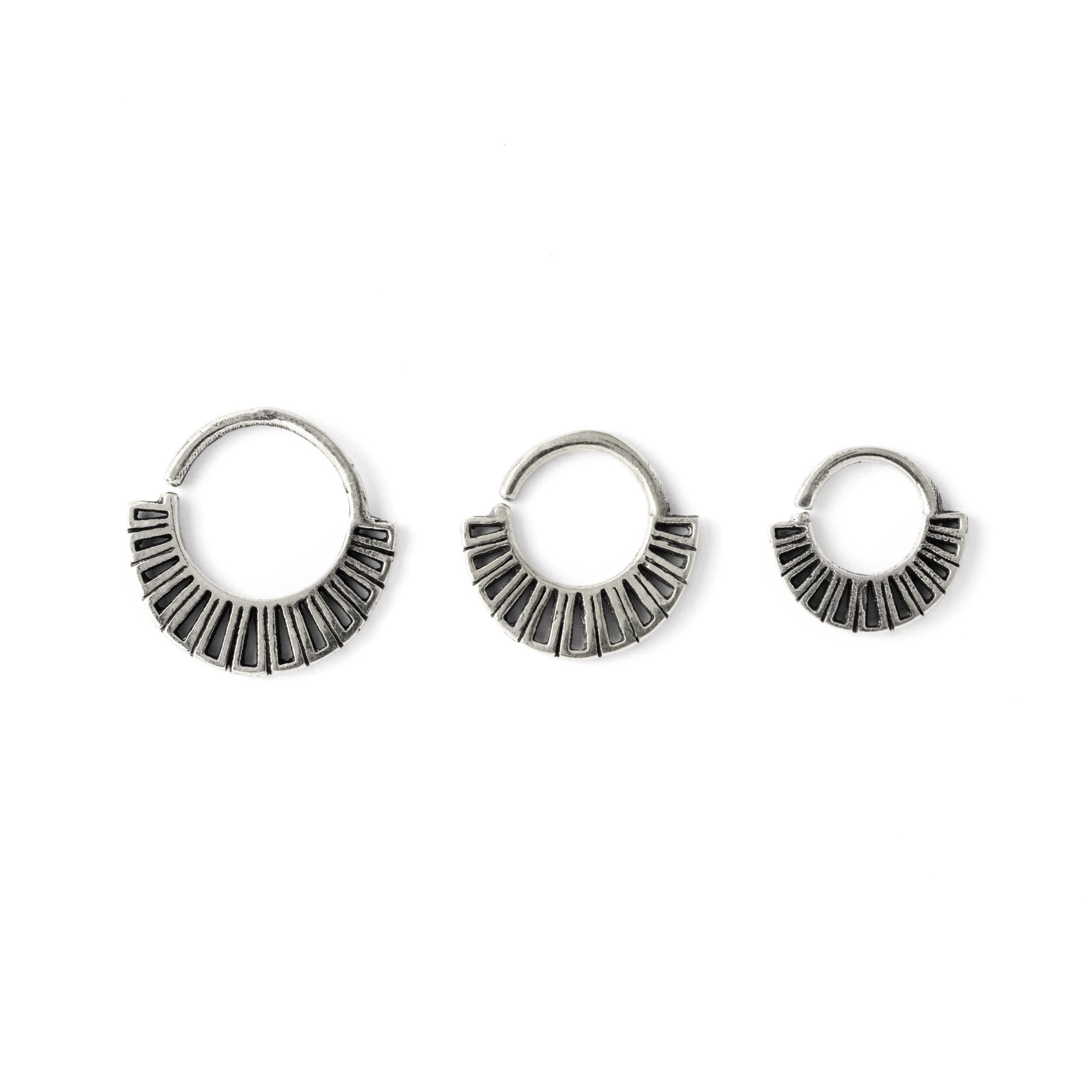 Aditi 18g (1mm), 6mm, 8mm,10mm Silver tribal geometric septum piercing rings frontal view