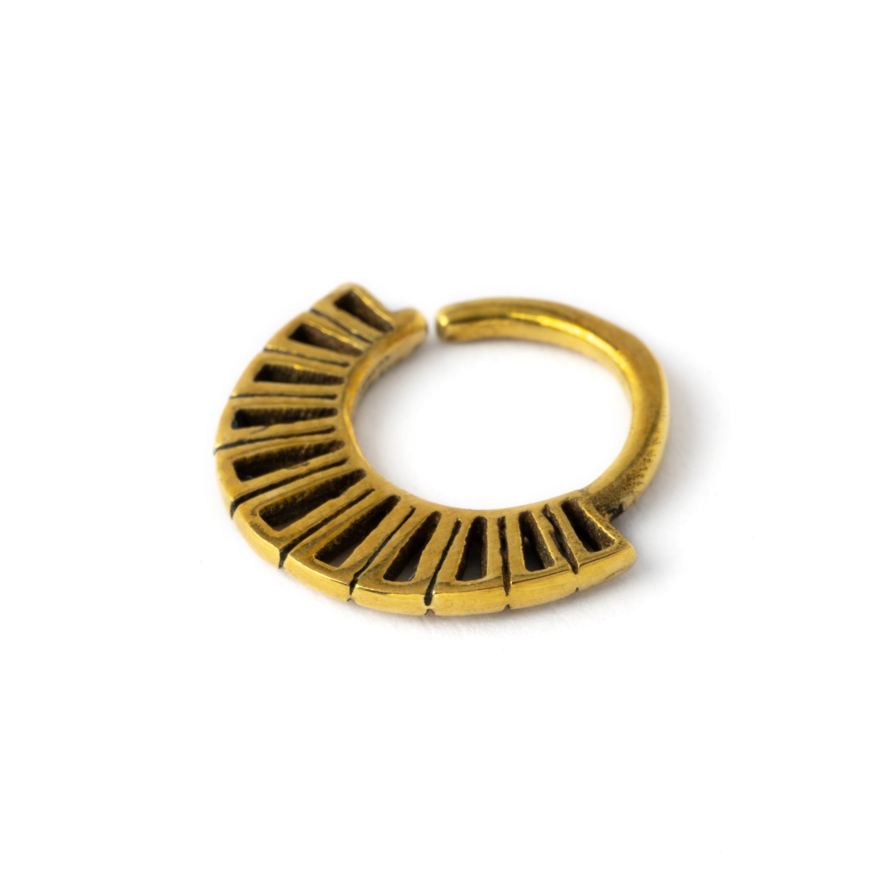 Aditi 18g (1mm) brass tribal geometric septum piercing ring left side view