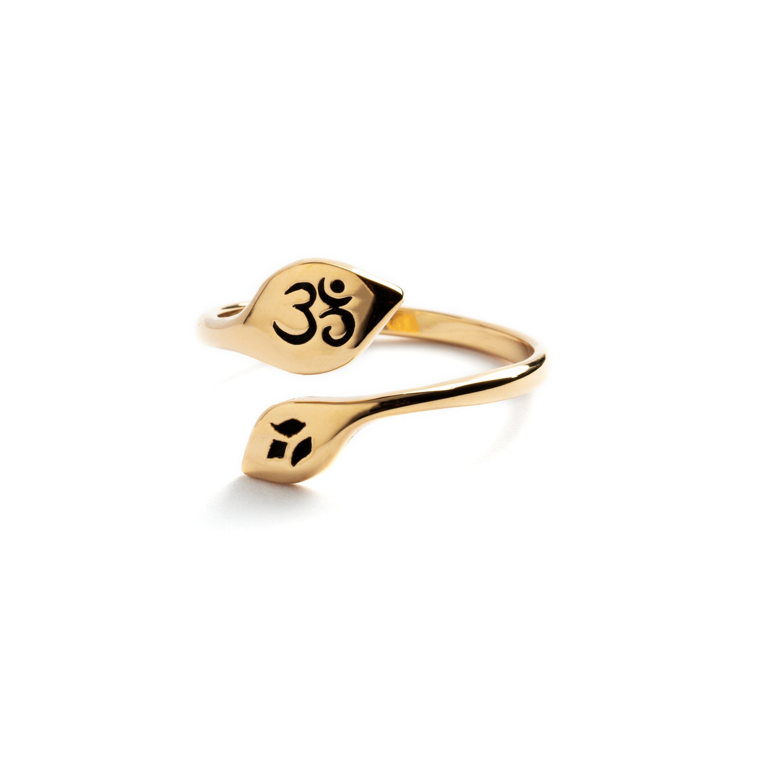 Adjustable Bronze Om and Leaf Ring frontal view