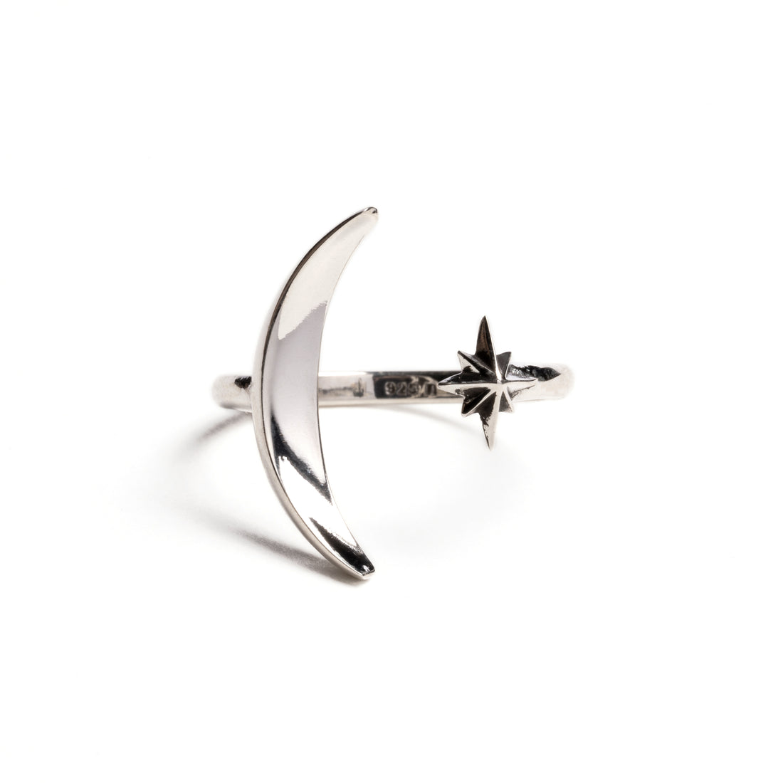 Celestial moon and star silver ring frontal view