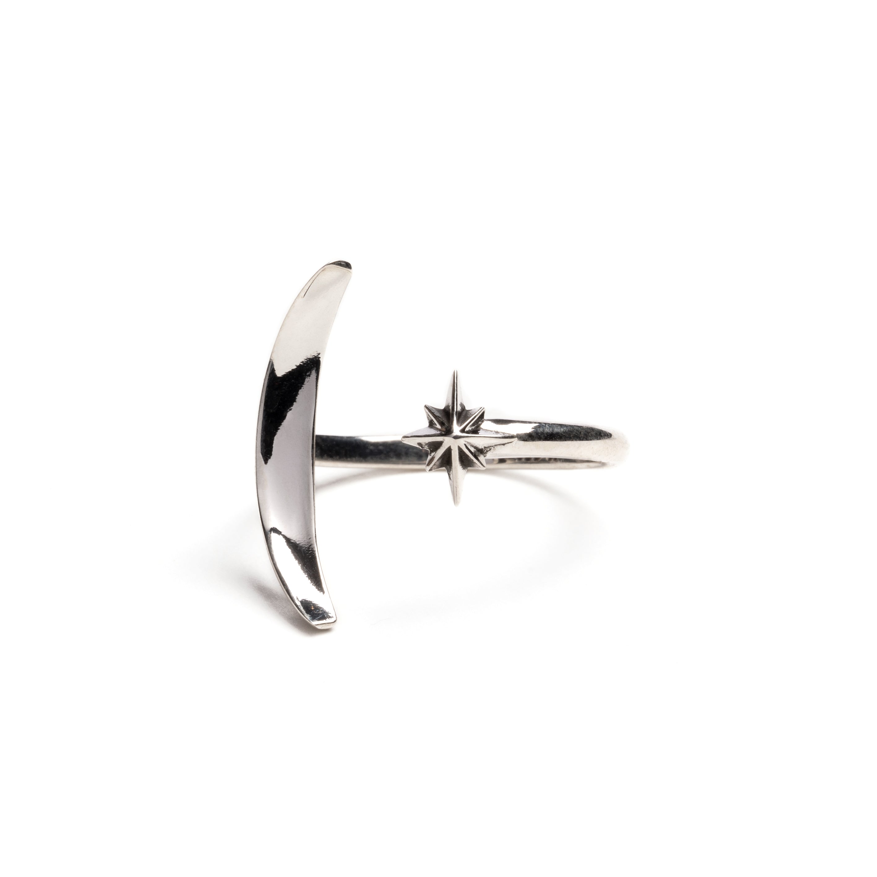 Celestial moon and star silver ring frontal view