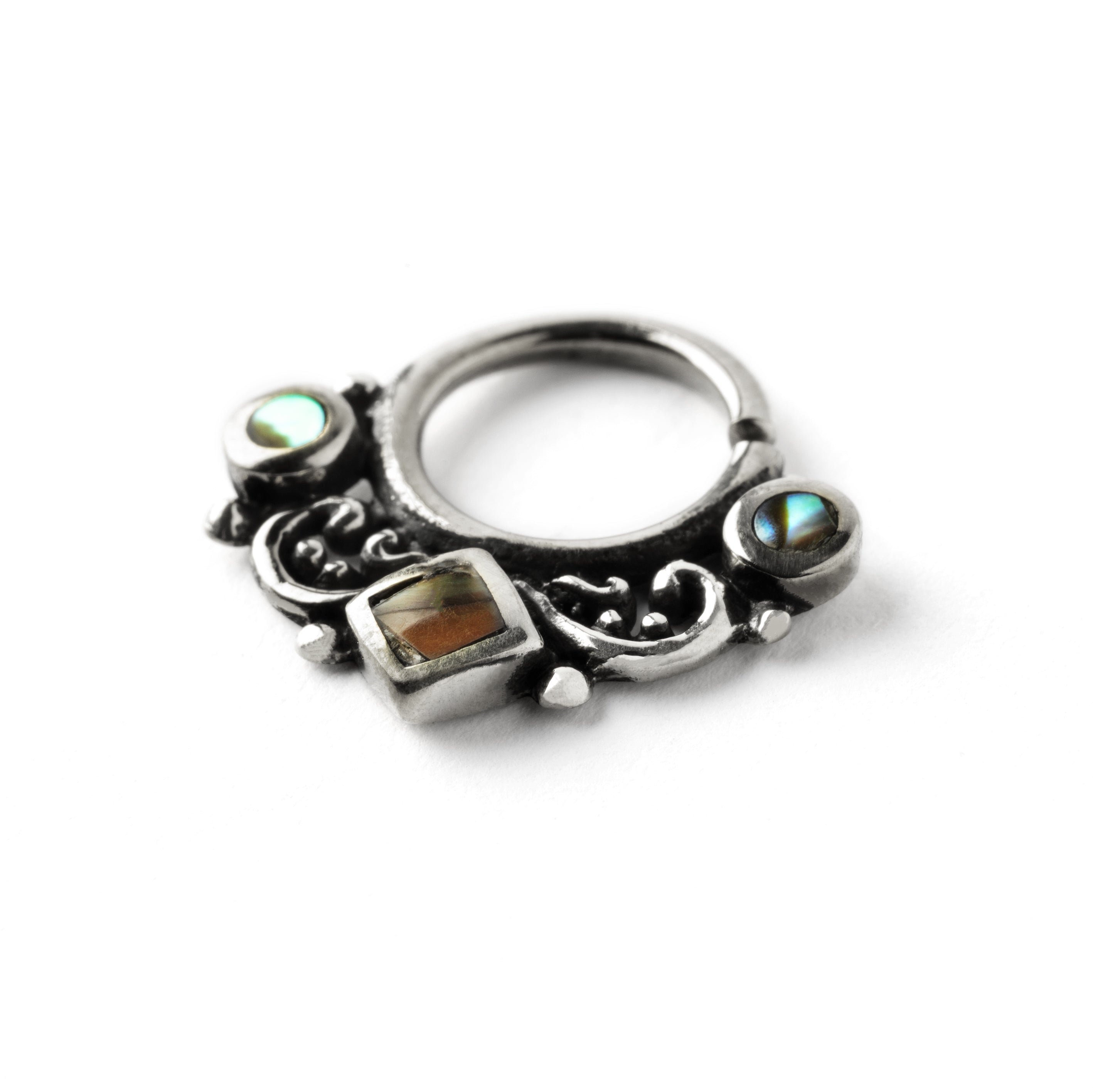 agatha gothic silver septum abalone shells left side view
