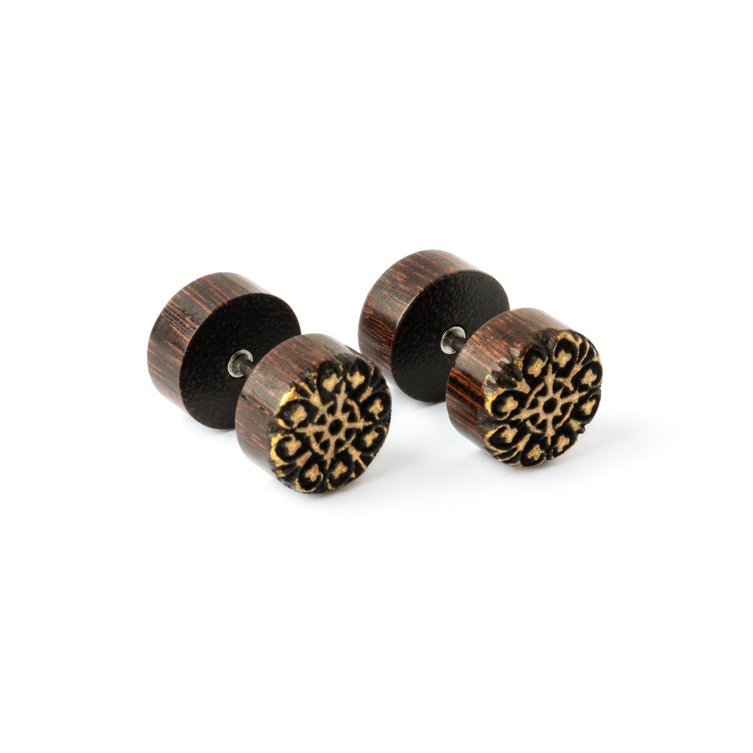 pair of Aicha wood fake plug earrings left side view