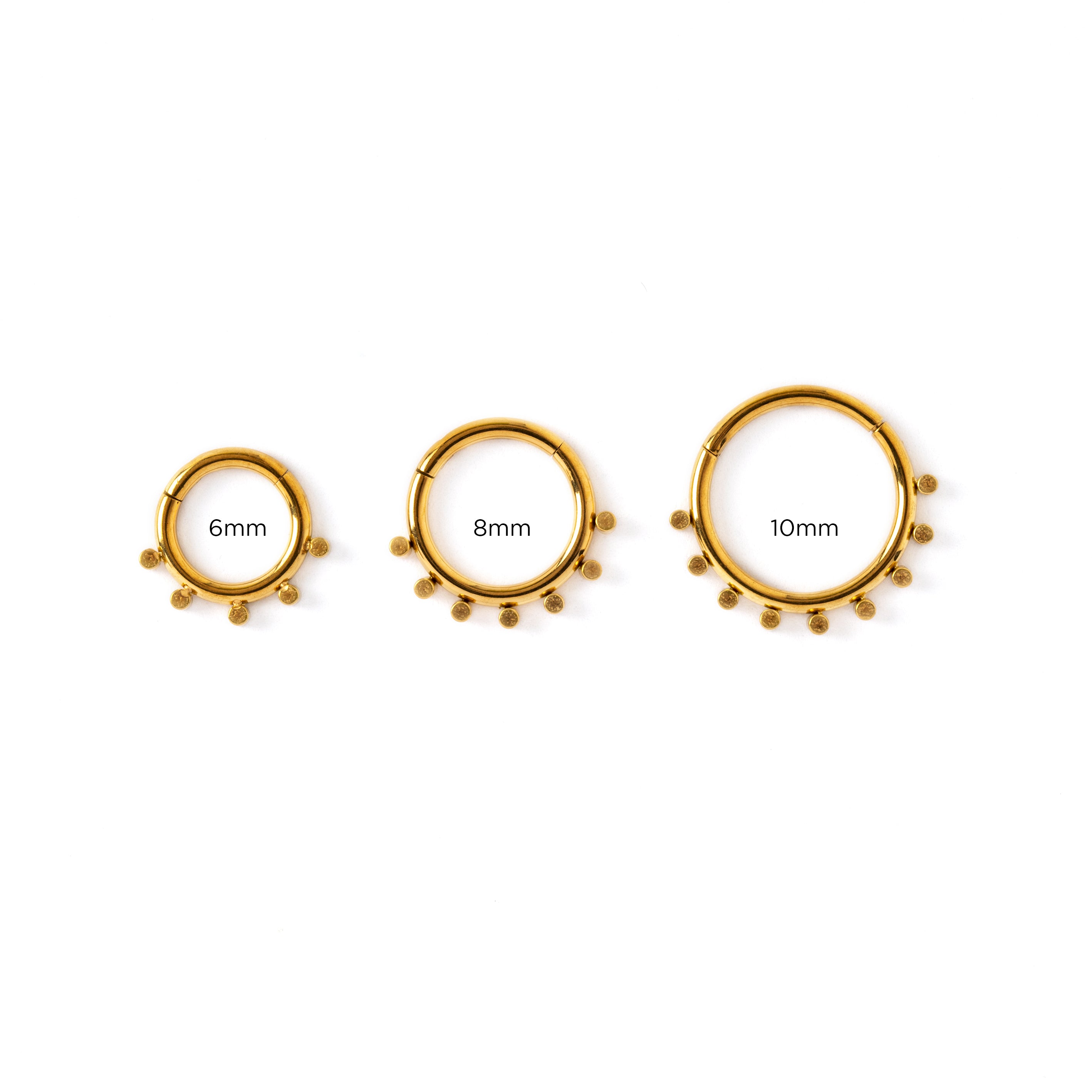 6mm, 8mm,10mm Alya golden surgical steel septum clickers frontal view