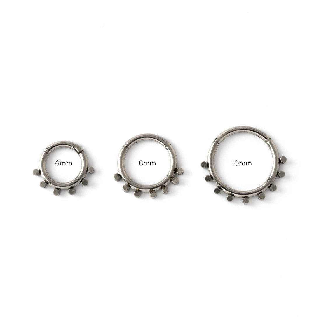 elegant and minimalist surgical steel piercing clicker ring with geometric spheres sizes 6mm, 8mm, 10mm