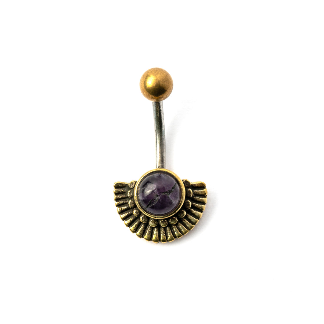 Amana golden brass fan shaped belly piercing with centred Amethyst frontal view