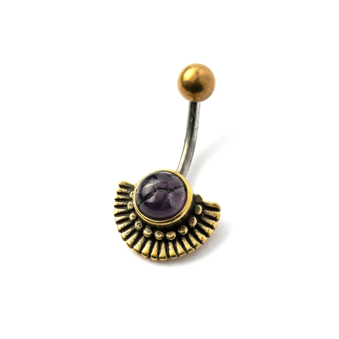 Amana golden brass fan shaped belly piercing with centred Amethyst right side view