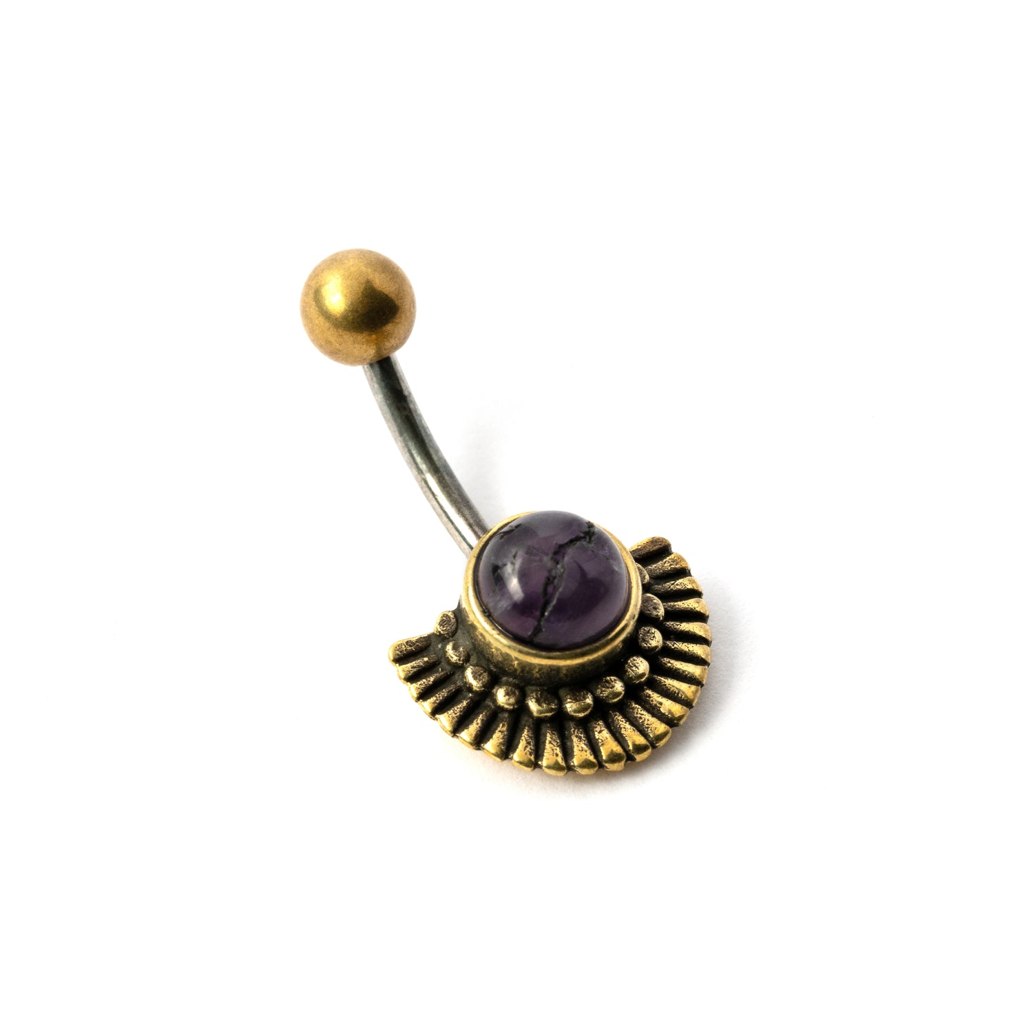 Amana golden brass fan shaped belly piercing with centred Amethyst left side view