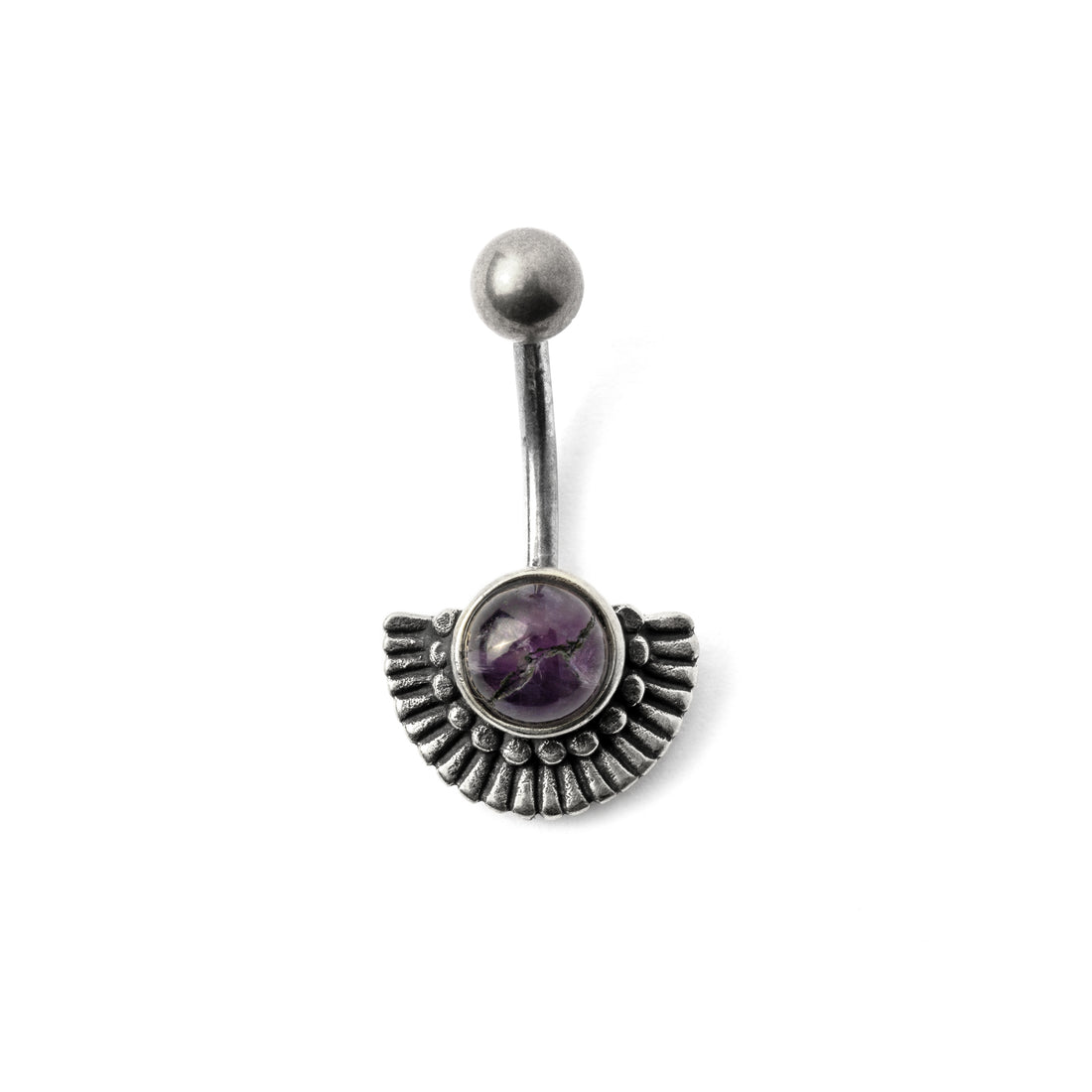 Amana silver fan shaped belly piercing with centred Amethyst frontal view