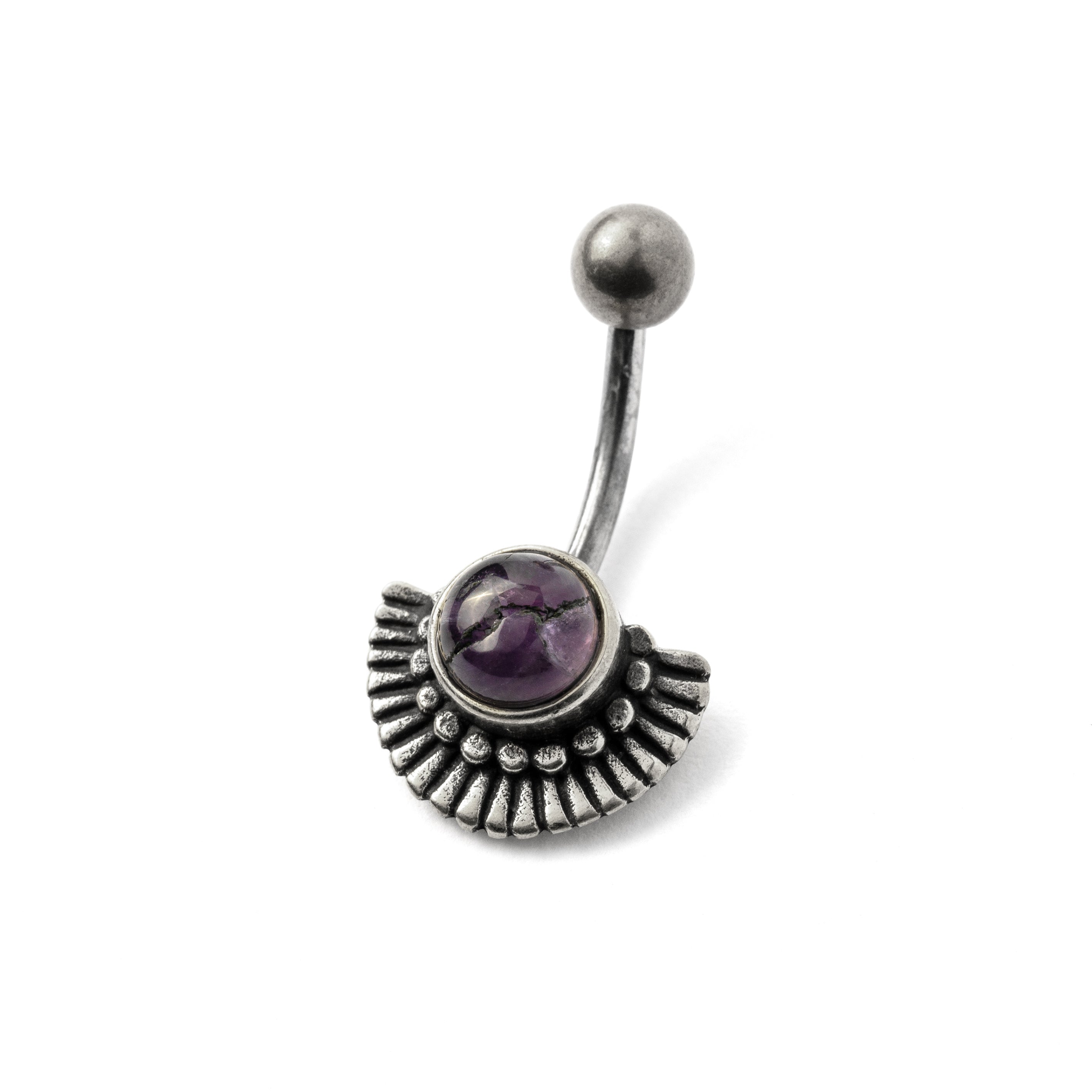 Amana silver fan shaped belly piercing with centred Amethyst right side view