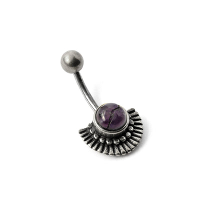 Amana silver fan shaped belly piercing with centred Amethyst left side view