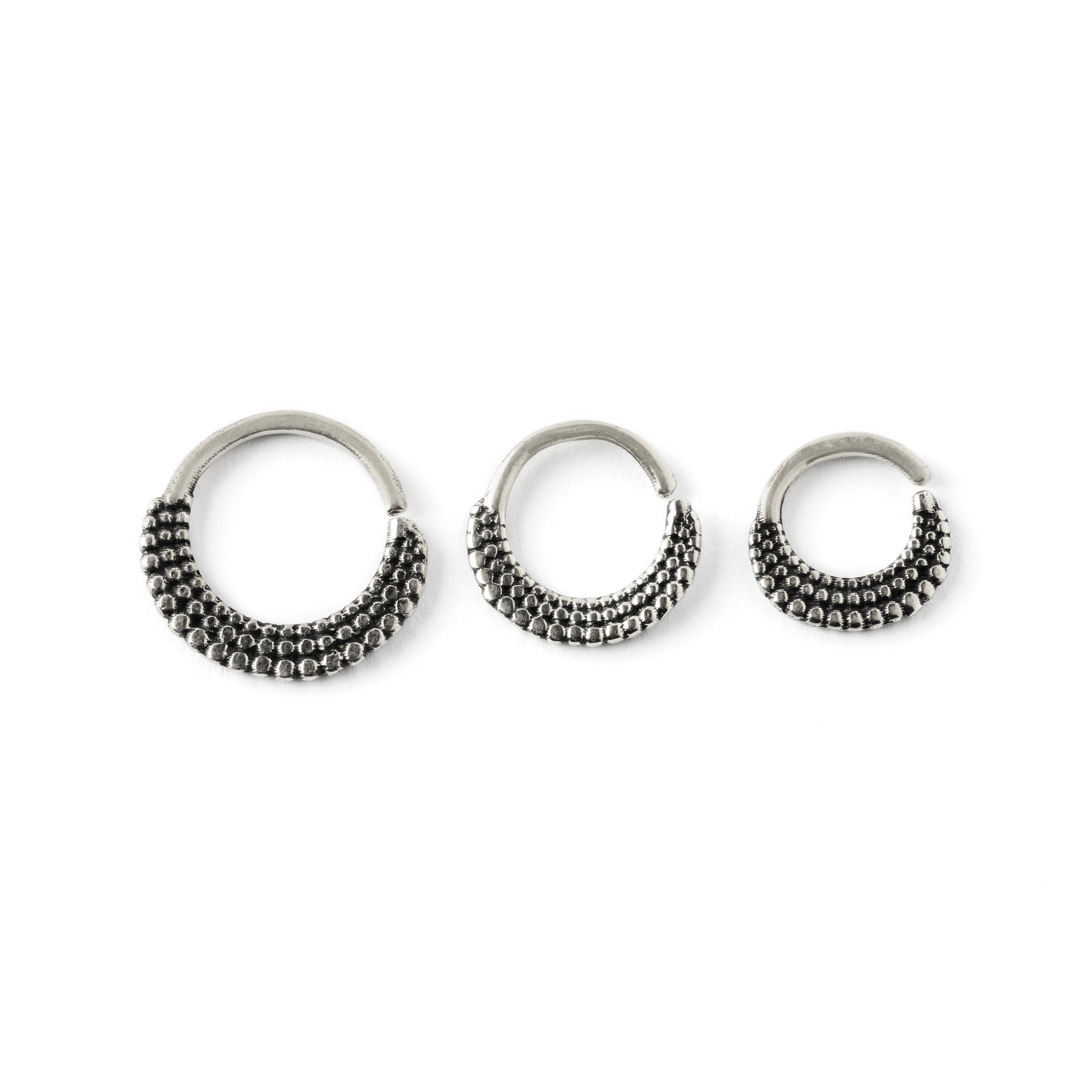6mm, 8mm, 10mm Ameya silver septum rings frontal view