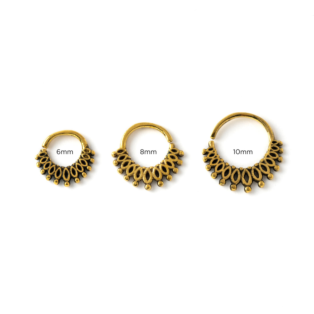 6mm, 8mm and 10mm antique gold colour boho tribal septum ring ornamented with petals