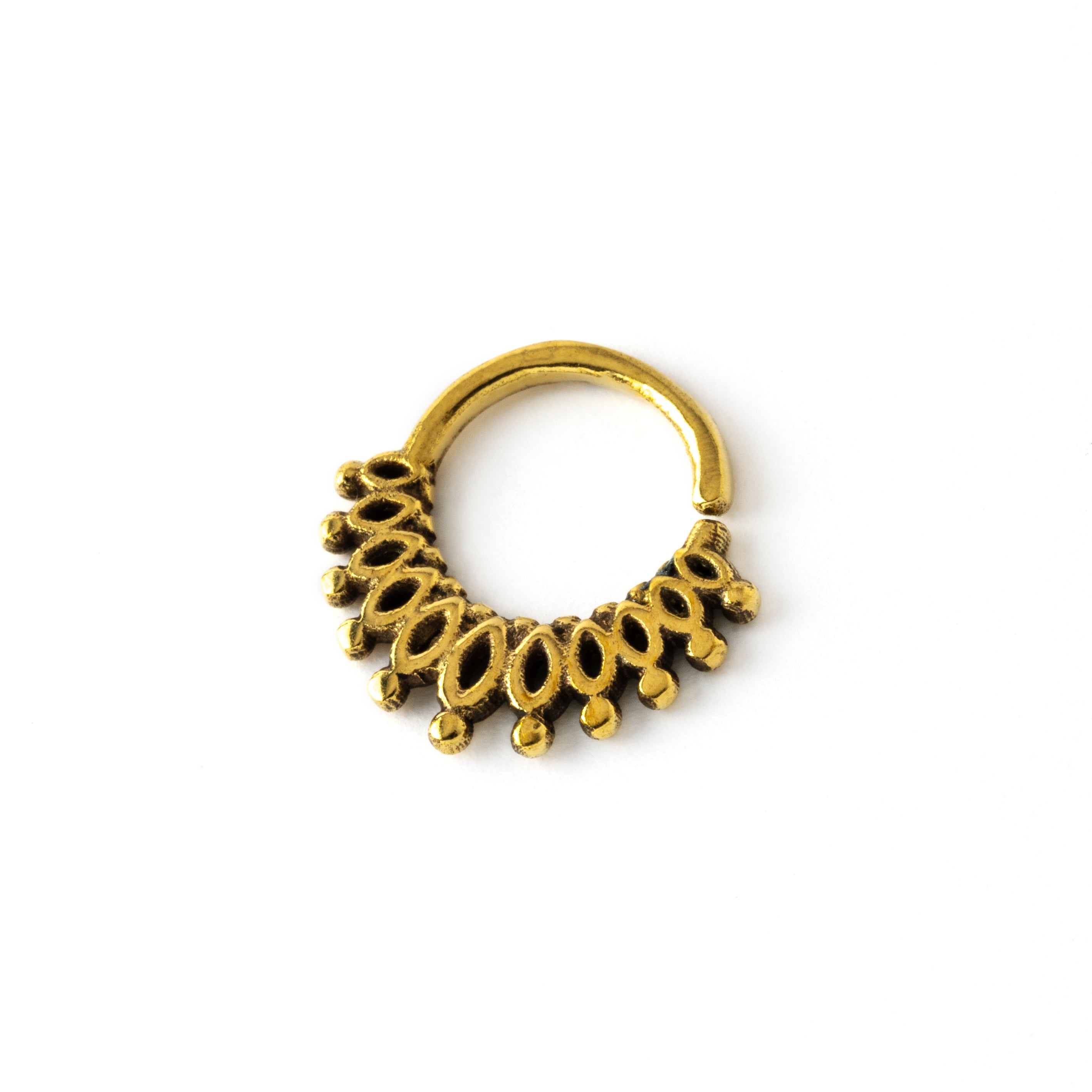 antique gold colour boho tribal septum ring ornamented with petals side view