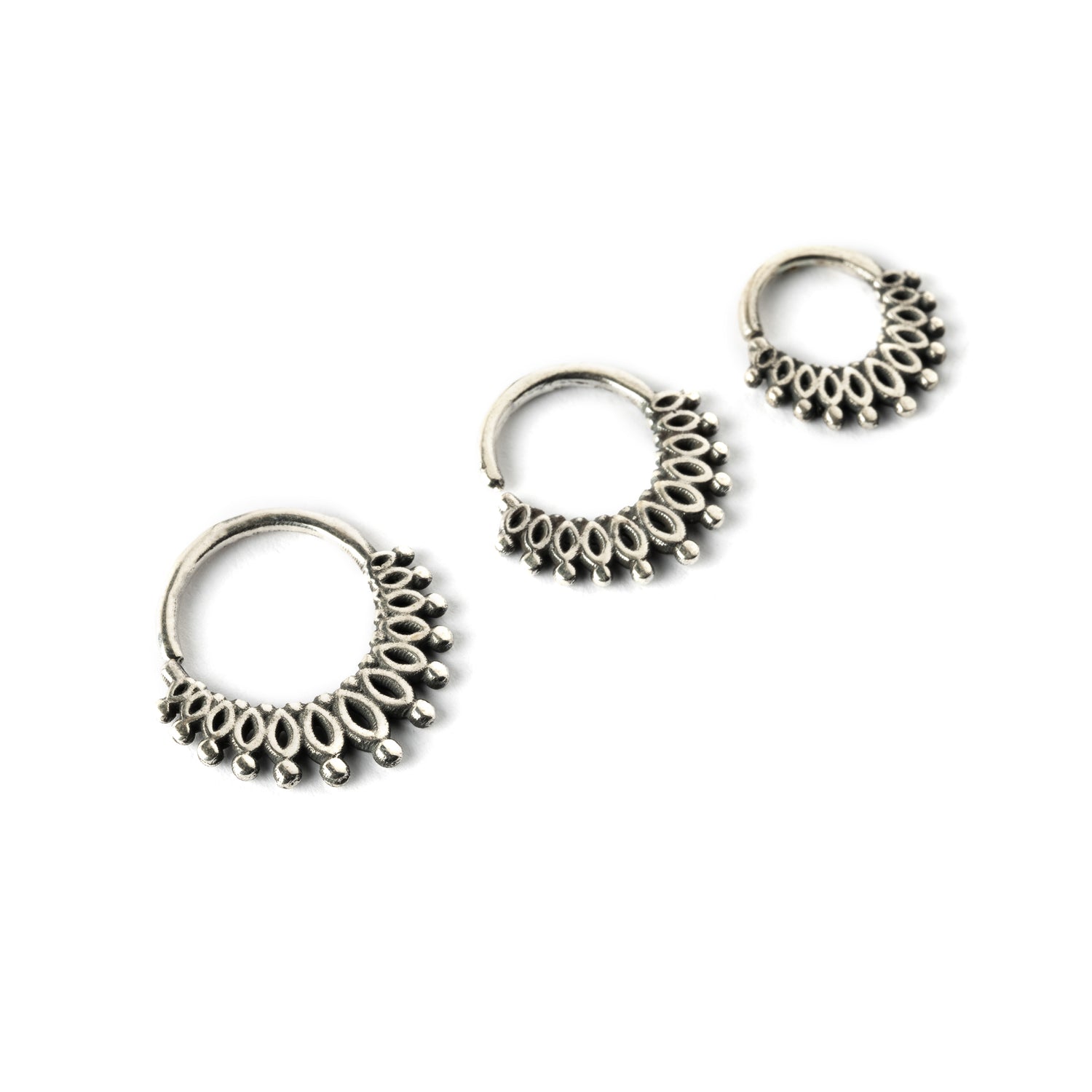 6mm, 8mm and 10mm Sterling silver boho tribal septum ring ornamented with petals