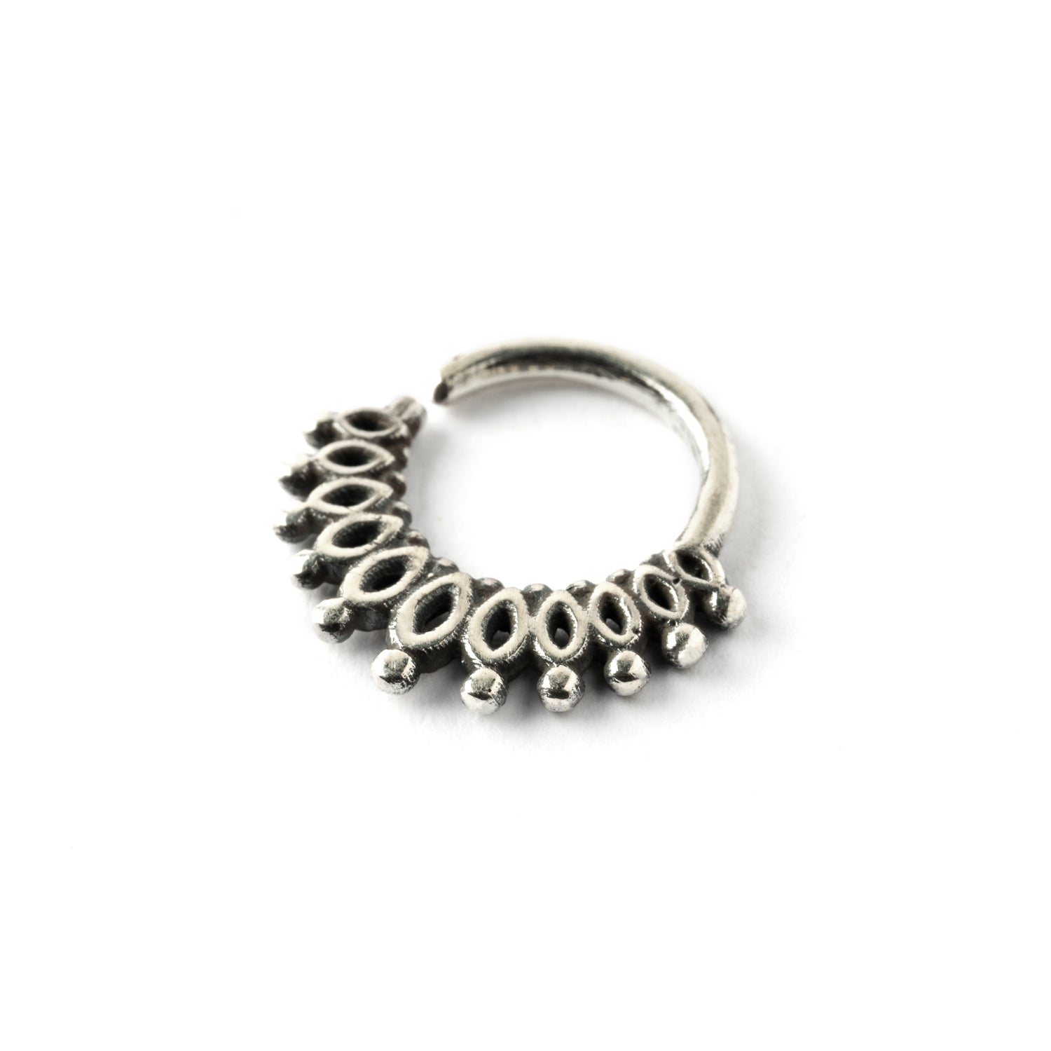 Sterling silver boho tribal septum ring ornamented with petals down view