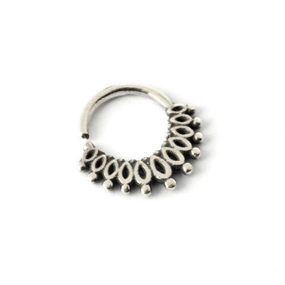 Sterling silver boho tribal septum ring ornamented with petals side view