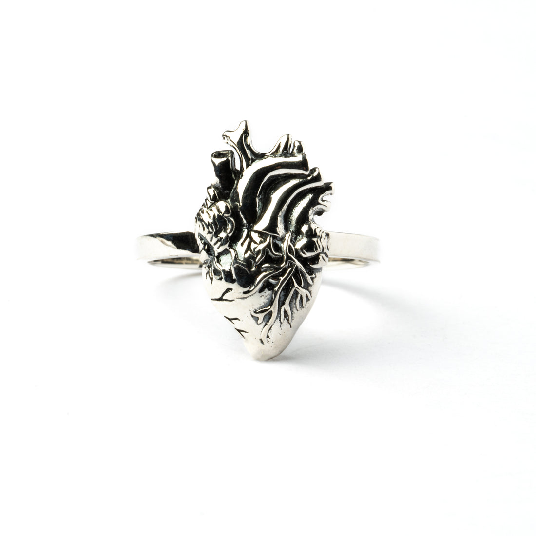 Silver Anatomic Heart Ring frontal view