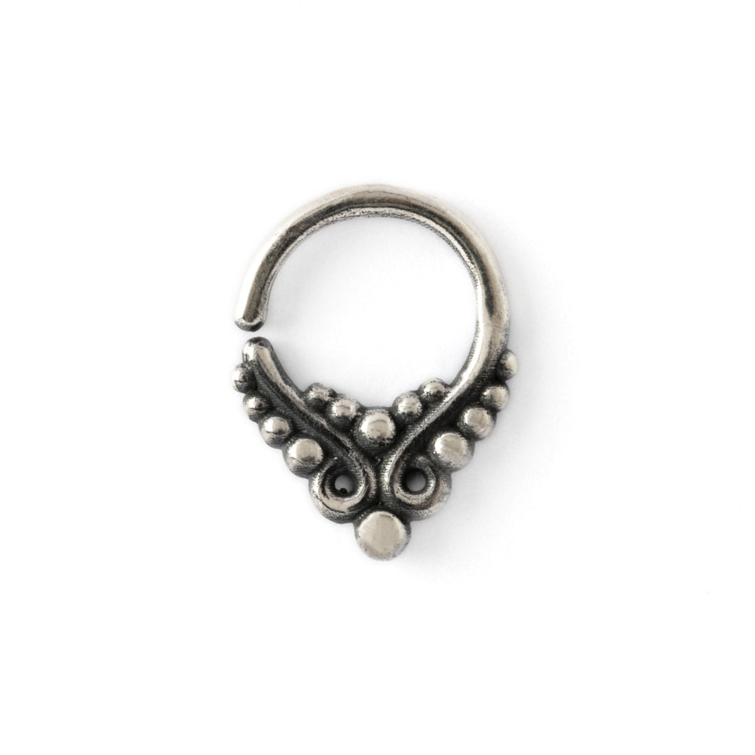 boho chic silver septum ring teardrop shaped with dots and fine lines ornaments