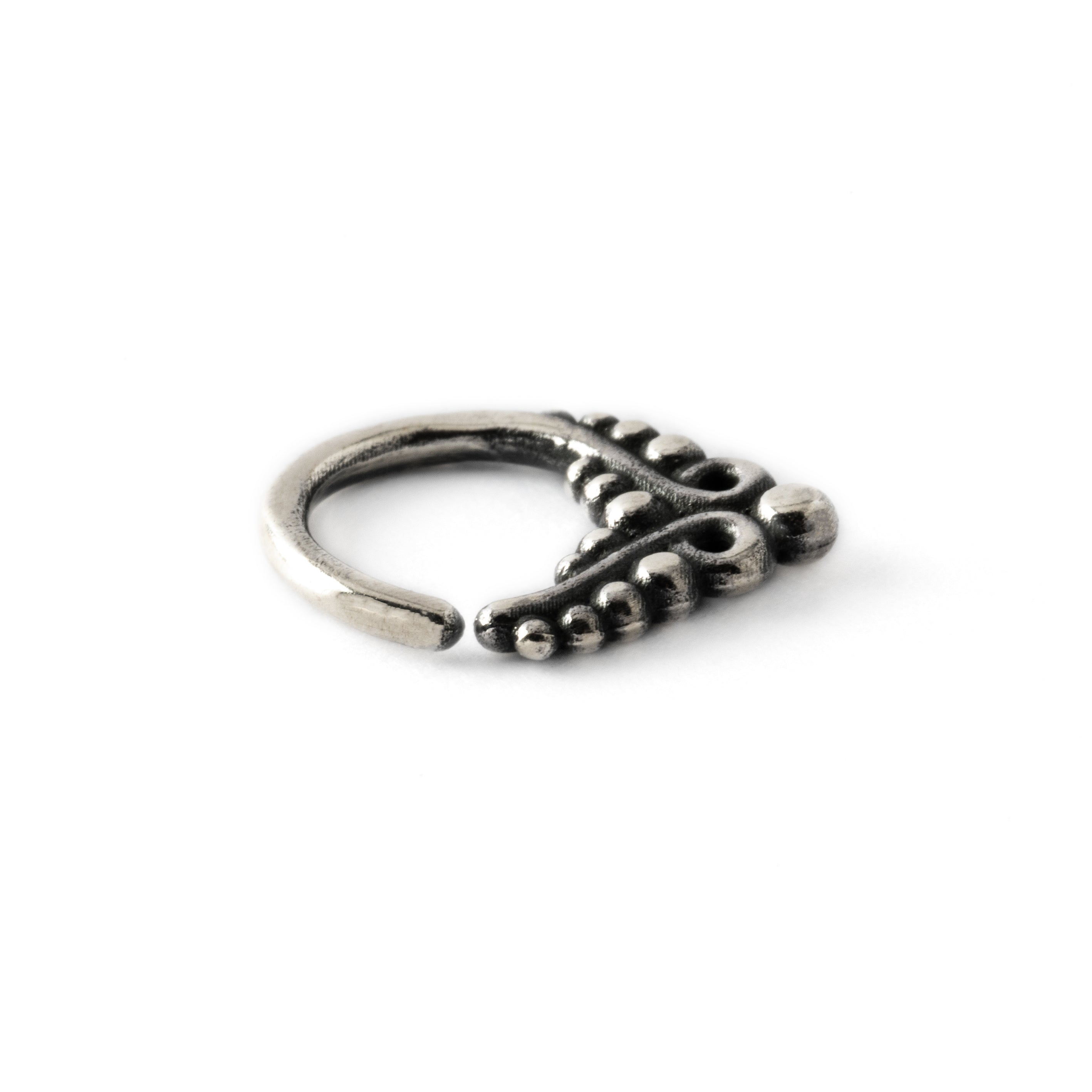 6mm, 8mm, 10mm silver septum ring teardrop shaped with dots and curved ornaments side view