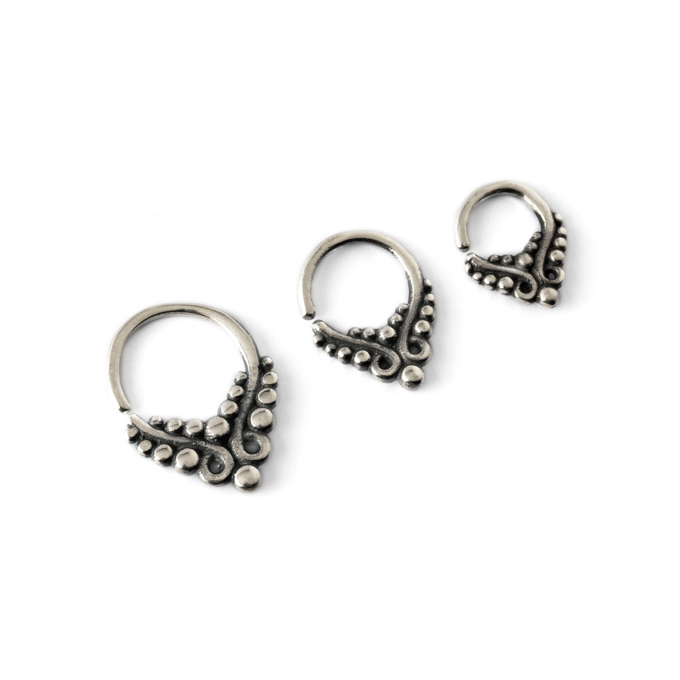 6mm, 8mm, 10mm silver septum ring teardrop shaped with dots and fine ornaments