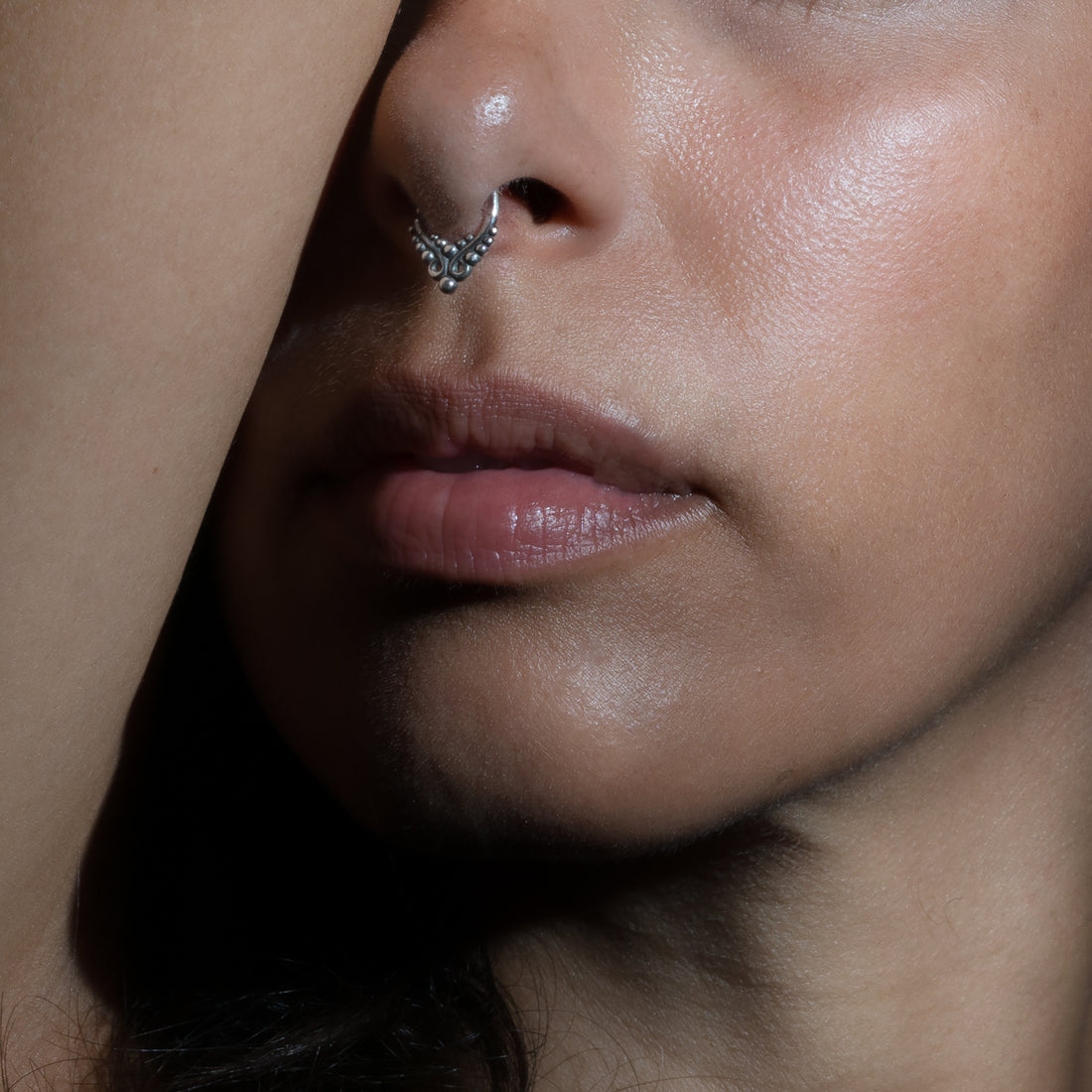 model wearing Asmara Silver Septum Ring