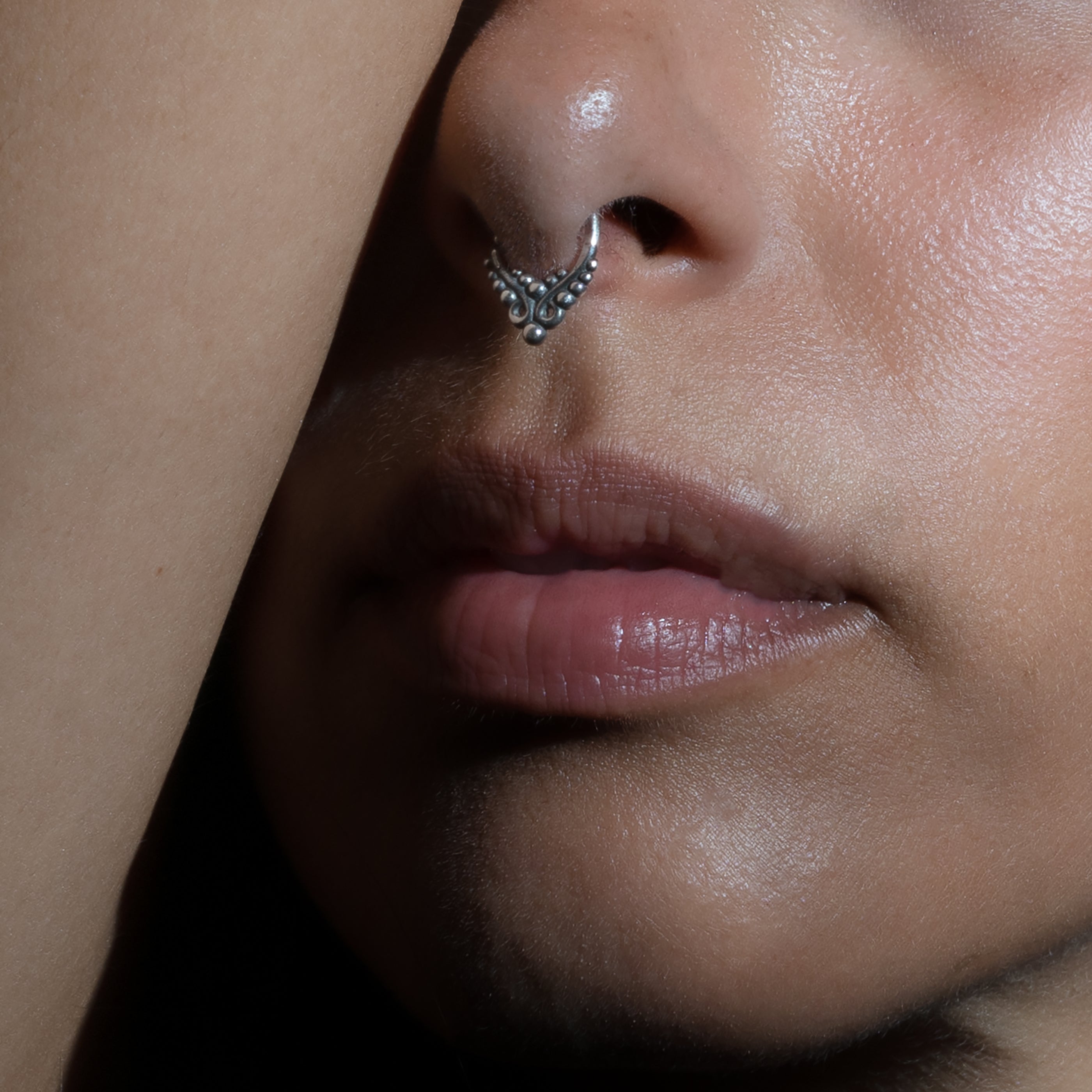 model wearing Asmara Silver Septum Ring